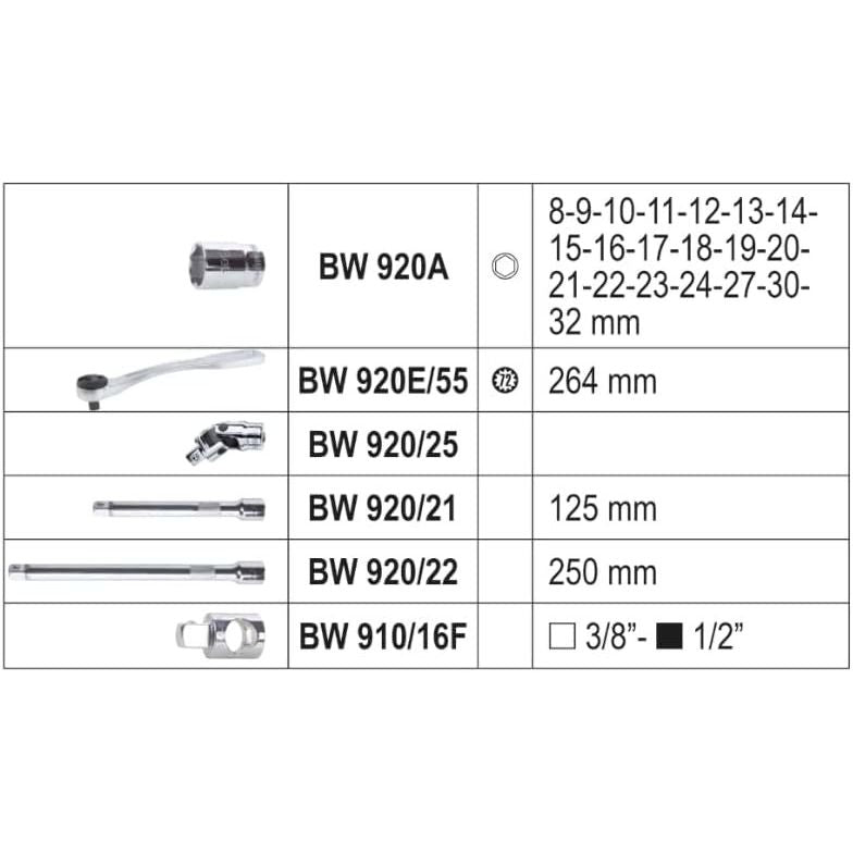 Beta BW 923E/C25 – Set 20 Chiavi a Bussola Esagonali + 5 Accessori in Cassetta di Plastica