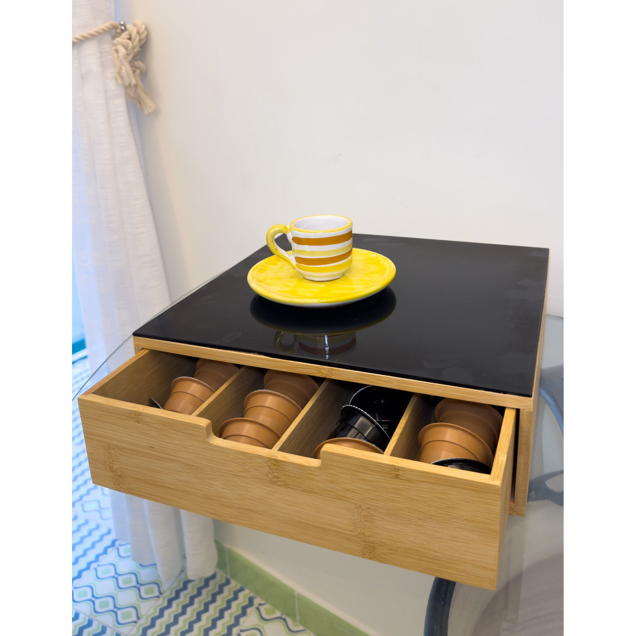 Cassetto Porta Cialde o Capsule in Bamboo Con Ripiano In Vetro Temperato