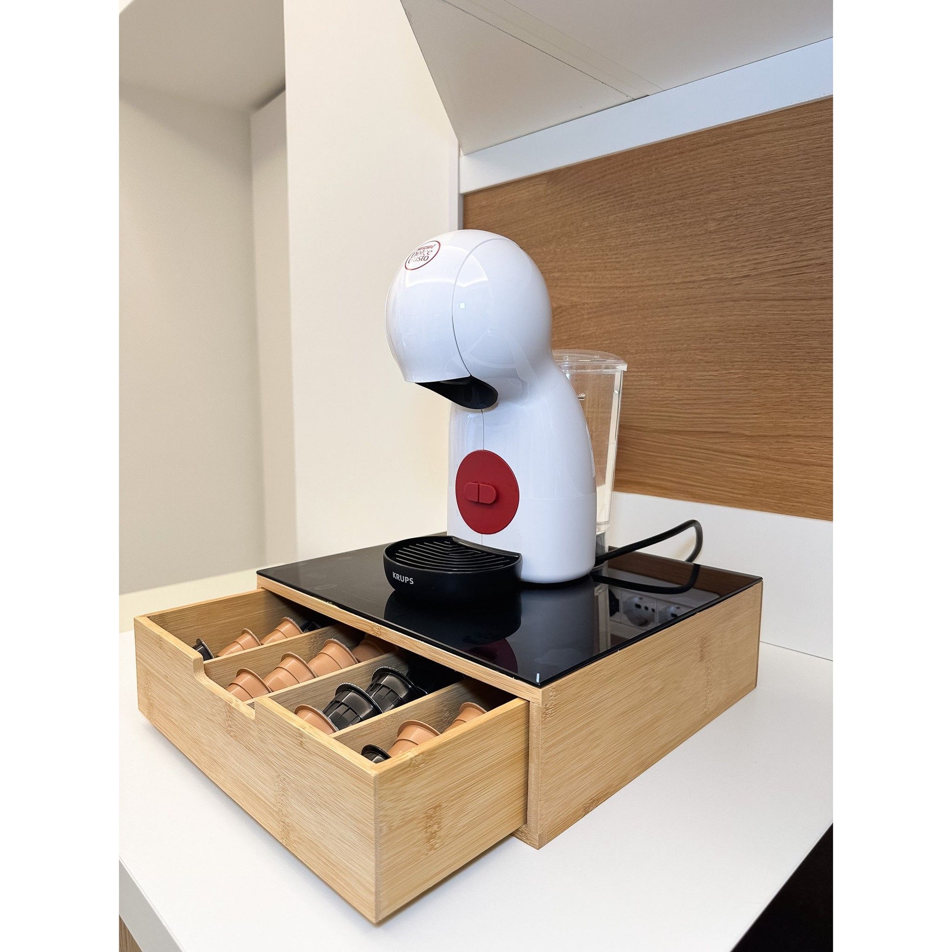 Cassetto Porta Cialde o Capsule in Bamboo Con Ripiano In Vetro Temperato