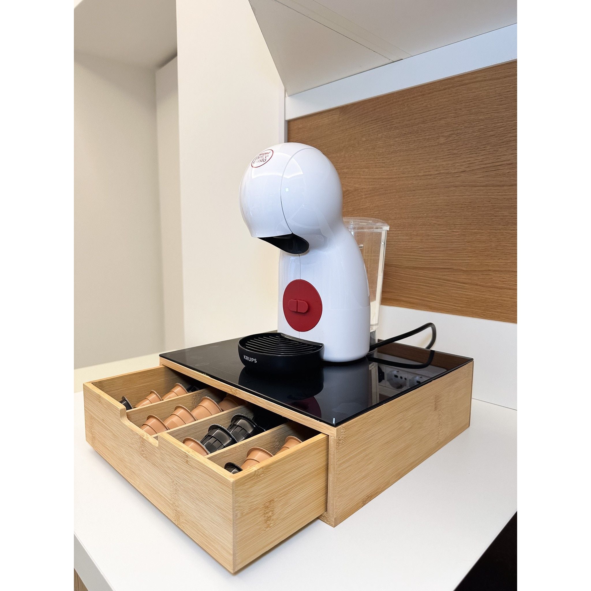 Cassetto Porta Cialde o Capsule in Bamboo Con Ripiano In Vetro Temperato