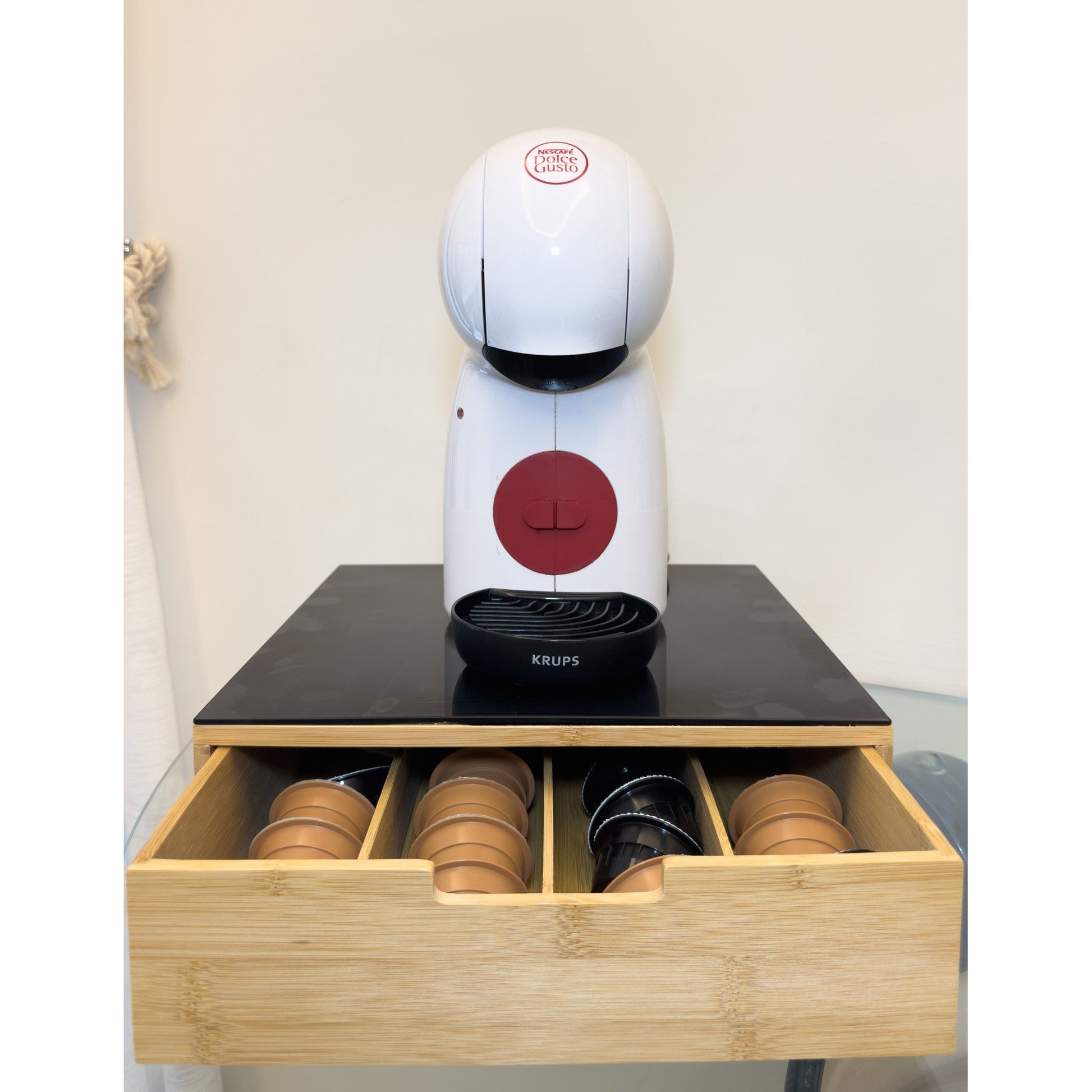 Cassetto Porta Cialde o Capsule in Bamboo Con Ripiano In Vetro Temperato