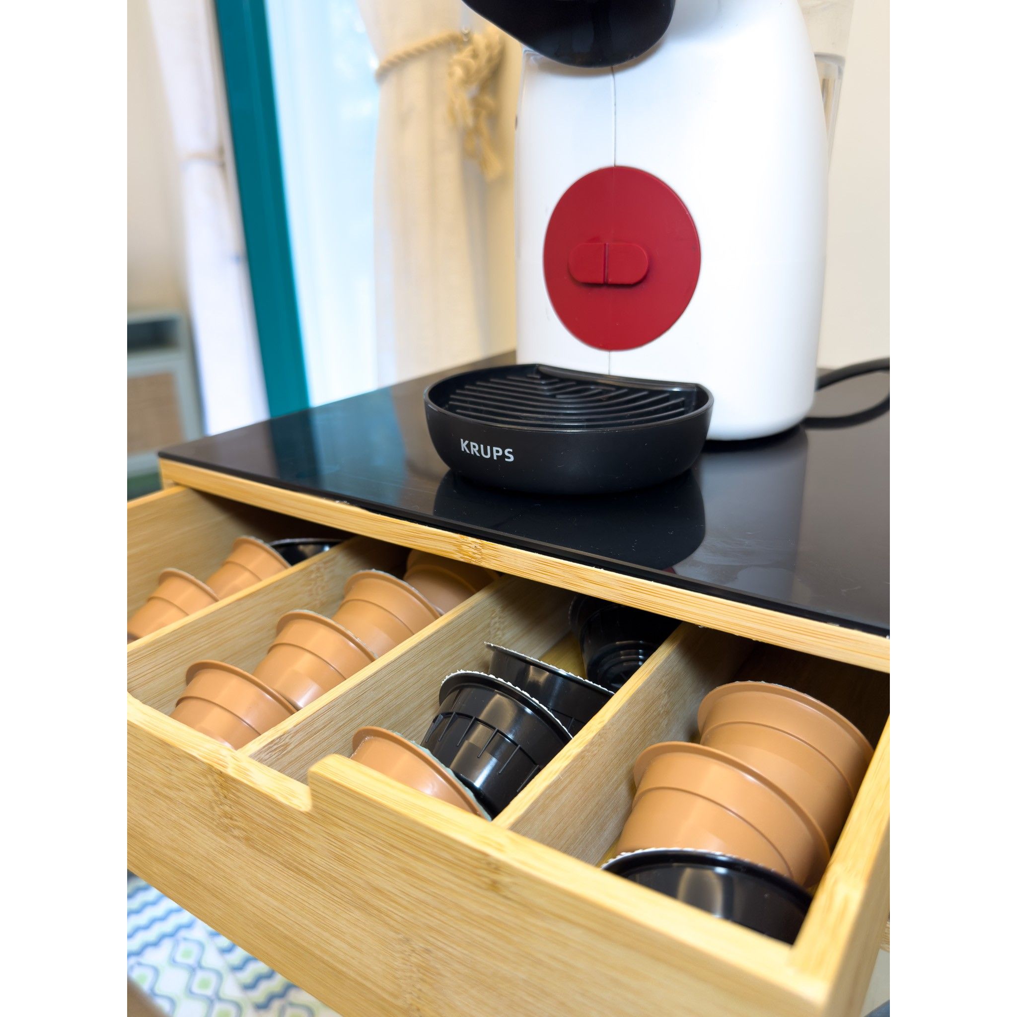 Cassetto Porta Cialde o Capsule in Bamboo Con Ripiano In Vetro Temperato