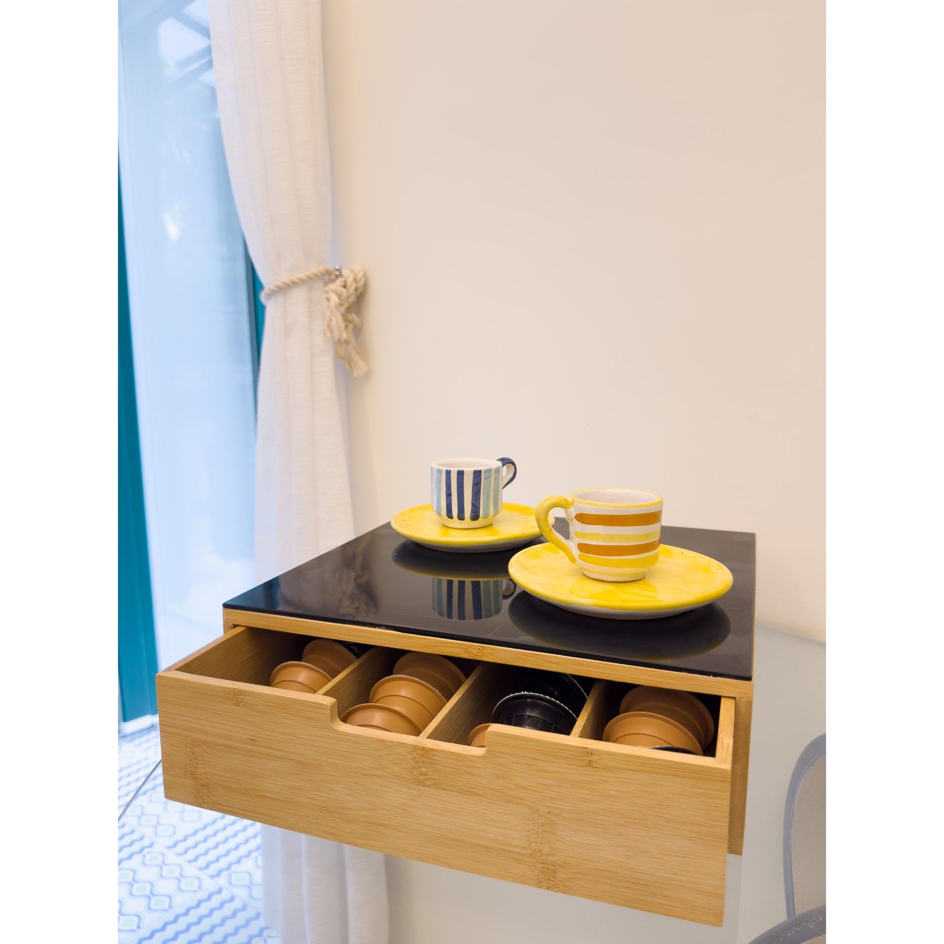 Cassetto Porta Cialde o Capsule in Bamboo Con Ripiano In Vetro Temperato