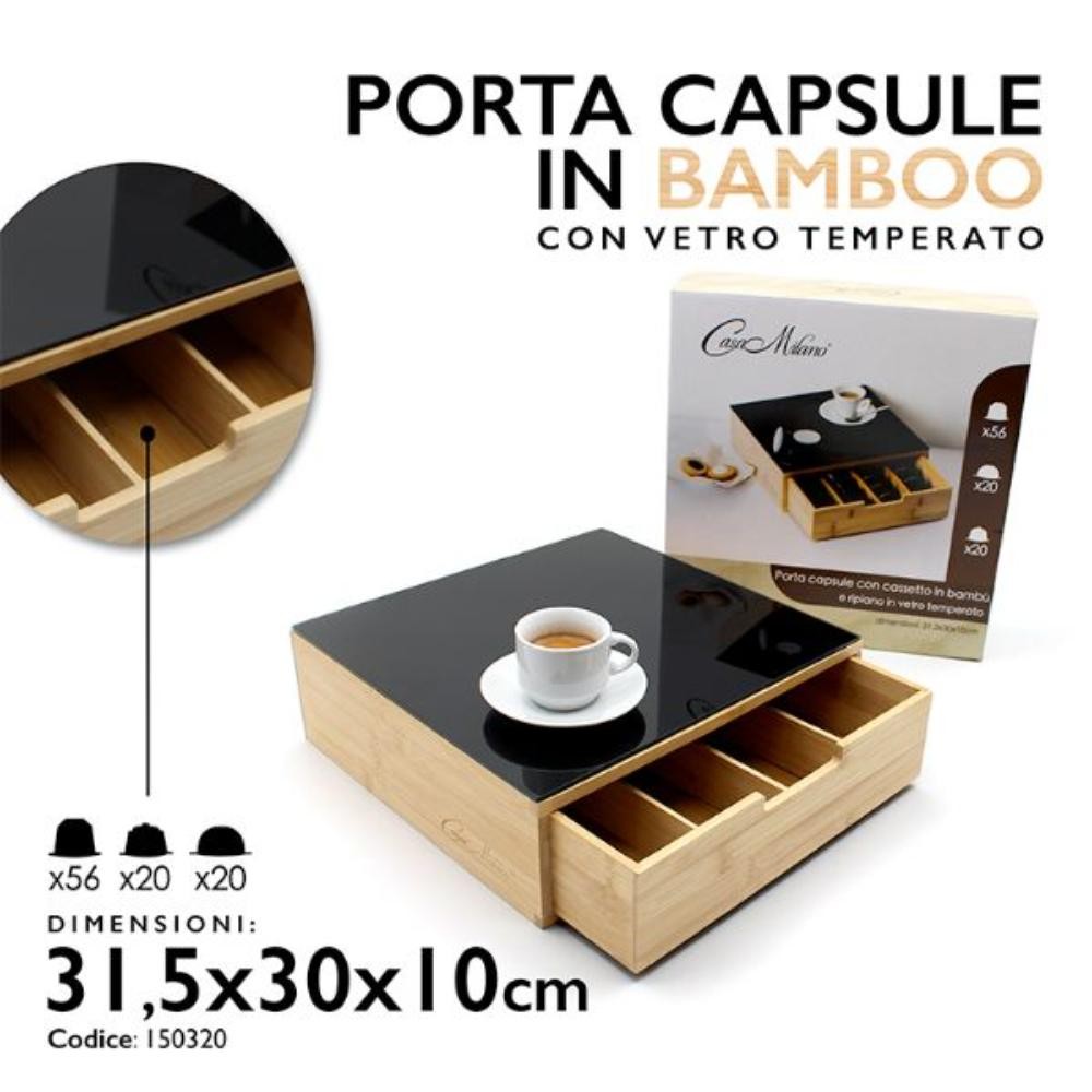 Cassetto Porta Cialde o Capsule in Bamboo Con Ripiano In Vetro Temperato