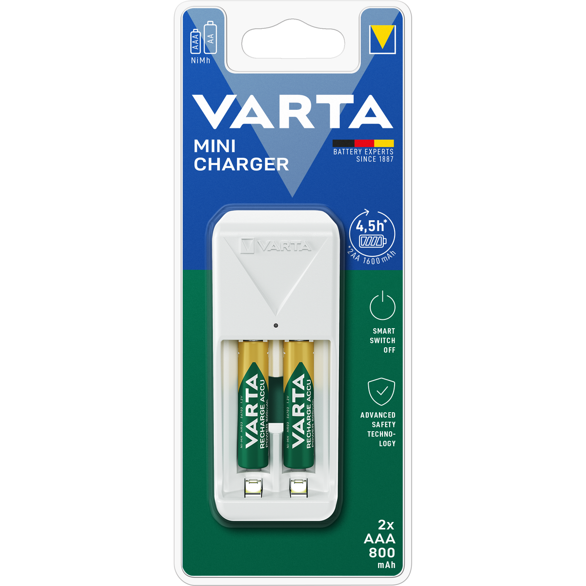 VARTA Mini Charger NiMH AA/AAA con 2 Batterie Ricaricabili – 2100 mAh / 800 mAh