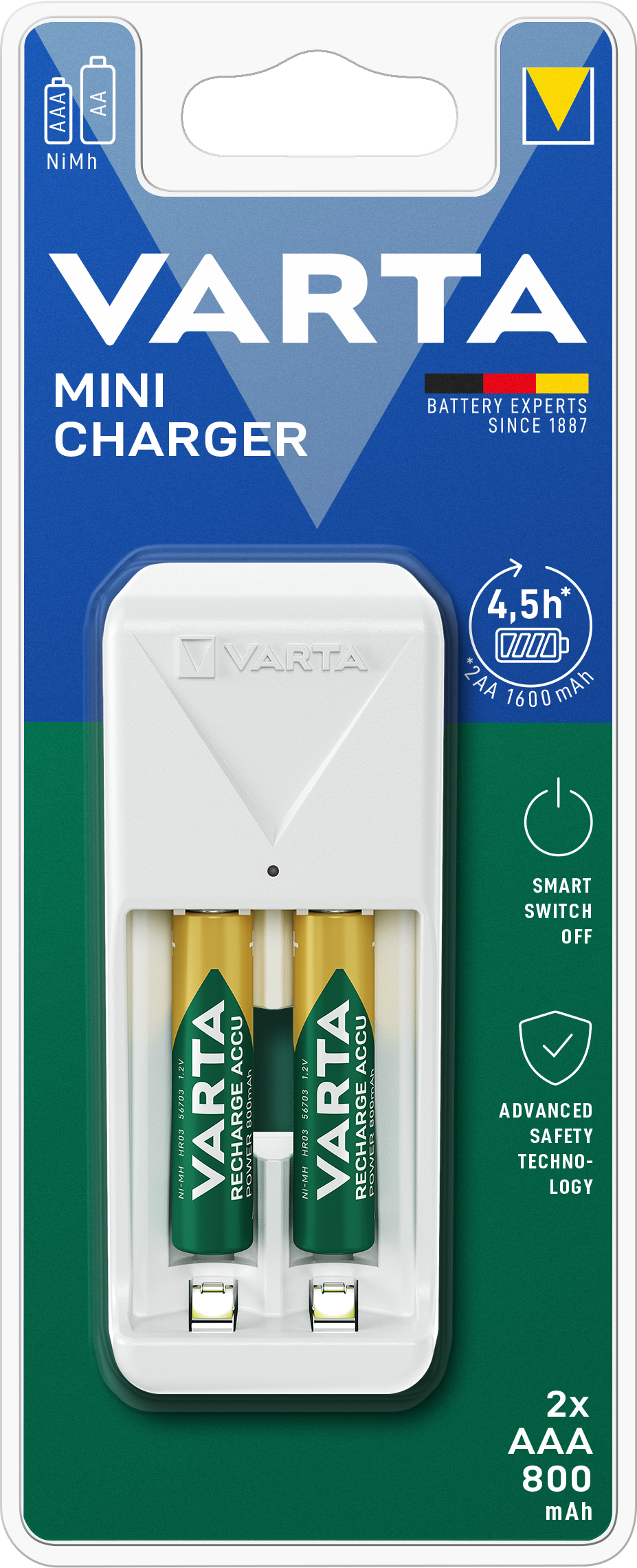 VARTA Mini Charger NiMH AA/AAA con 2 Batterie Ricaricabili – 2100 mAh / 800 mAh