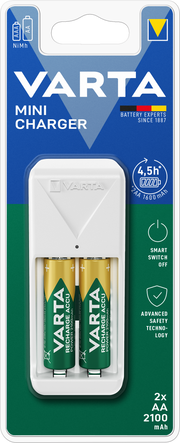VARTA Mini Charger NiMH AA/AAA con 2 Batterie Ricaricabili – 2100 mAh / 800 mAh
