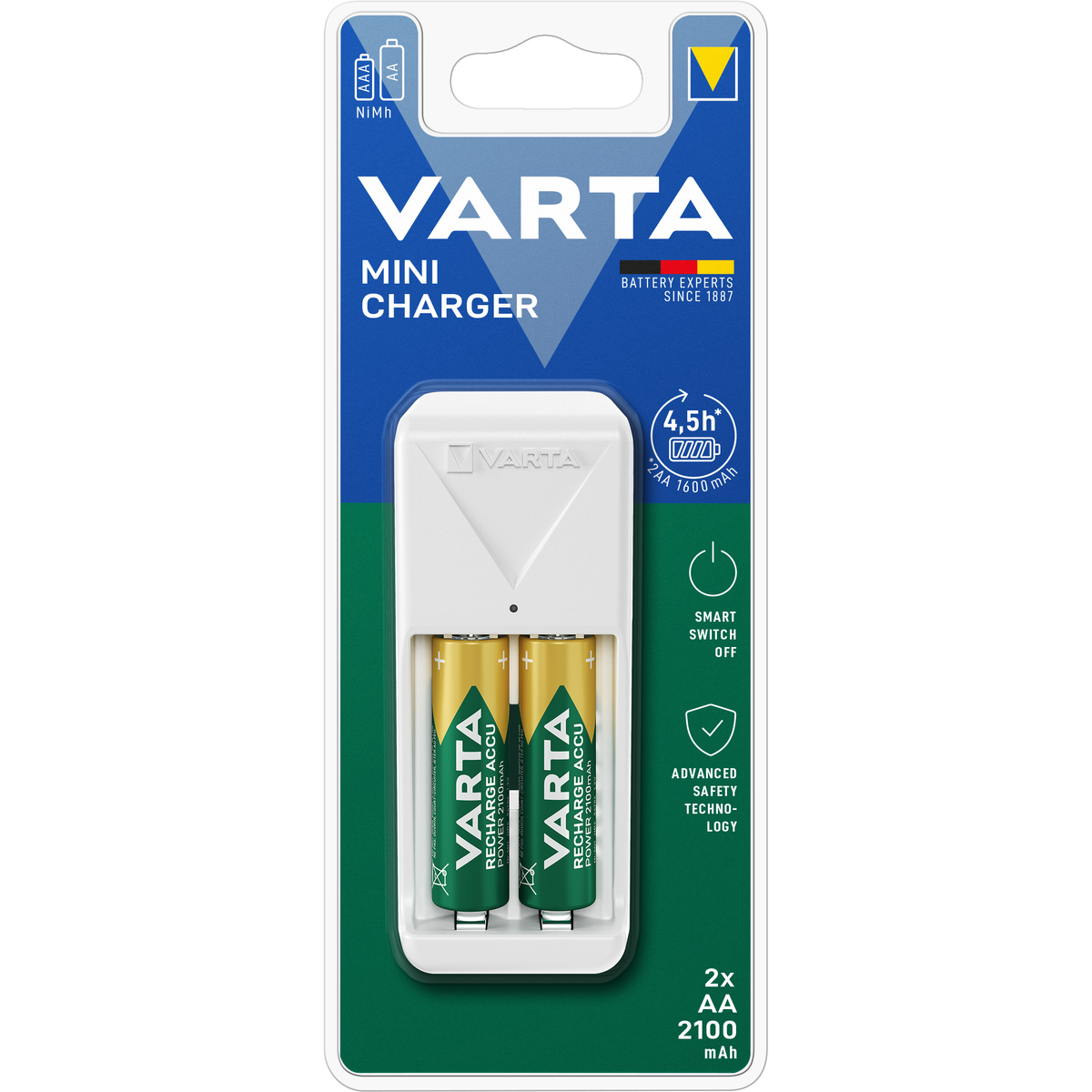 VARTA Mini Charger NiMH AA/AAA con 2 Batterie Ricaricabili – 2100 mAh / 800 mAh