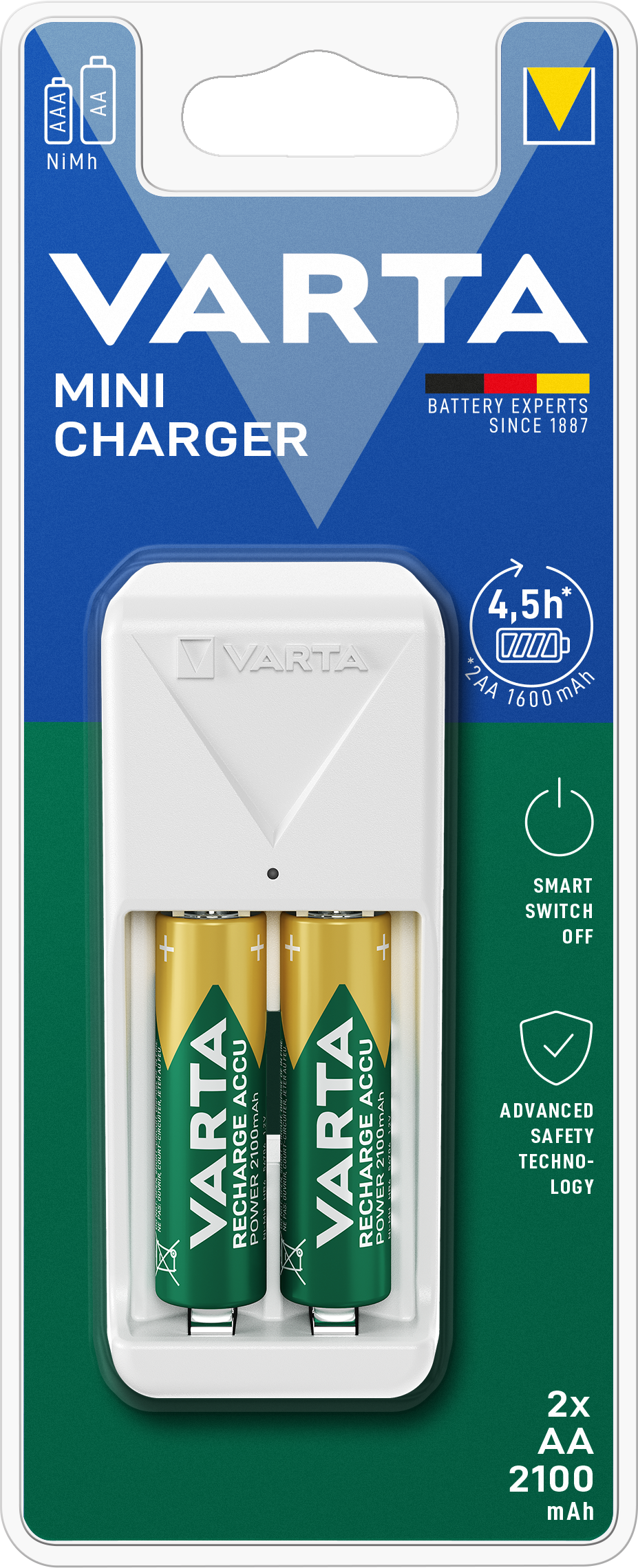 VARTA Mini Charger NiMH AA/AAA con 2 Batterie Ricaricabili – 2100 mAh / 800 mAh