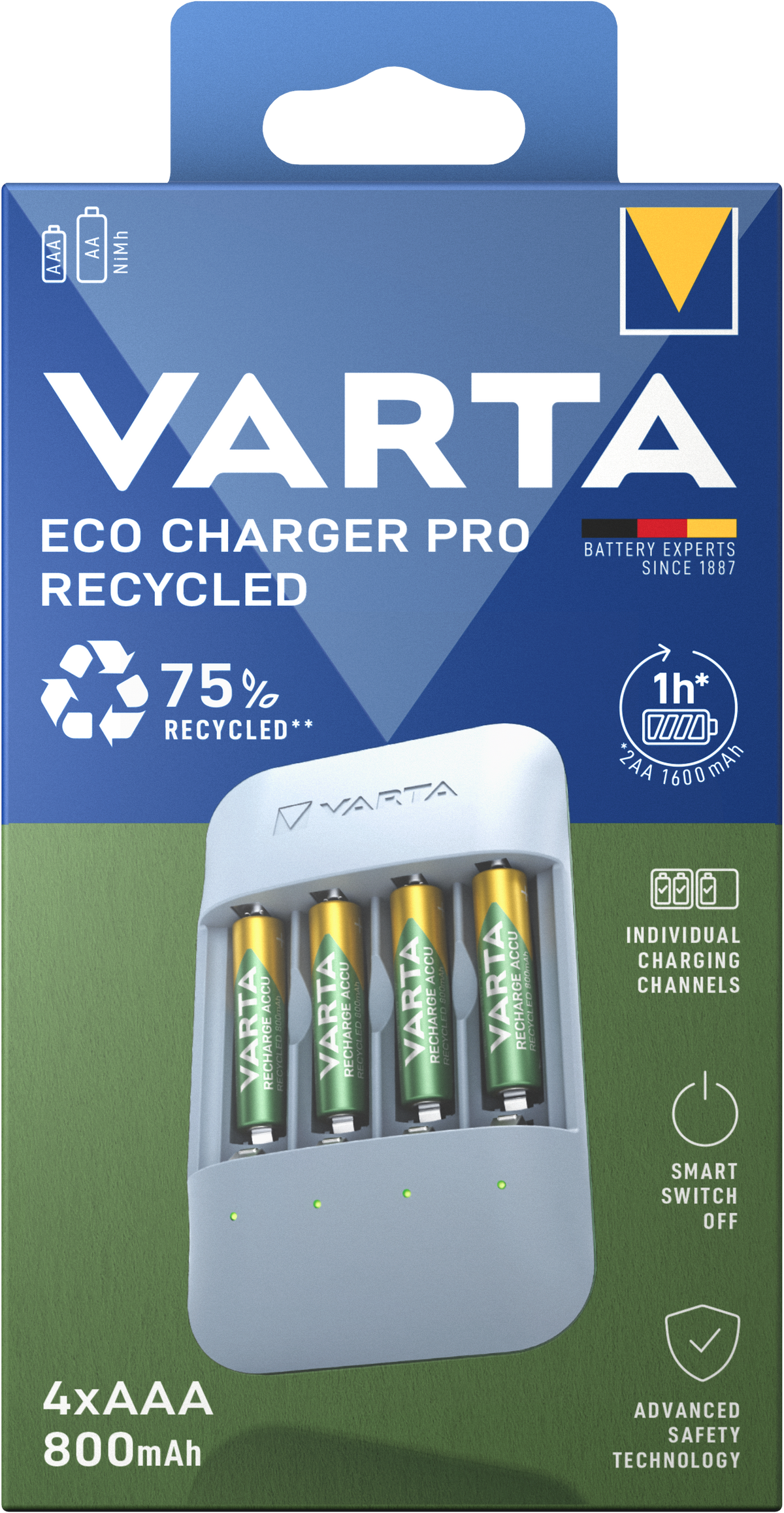 VARTA Eco Charger Pro Recycled USB-C con 4 Batterie Ricaricabili AA / AAA