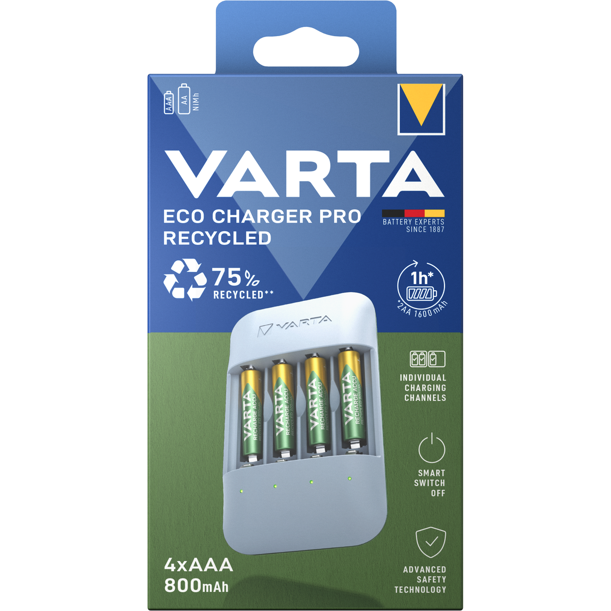 VARTA Eco Charger Pro Recycled USB-C con 4 Batterie Ricaricabili AA / AAA