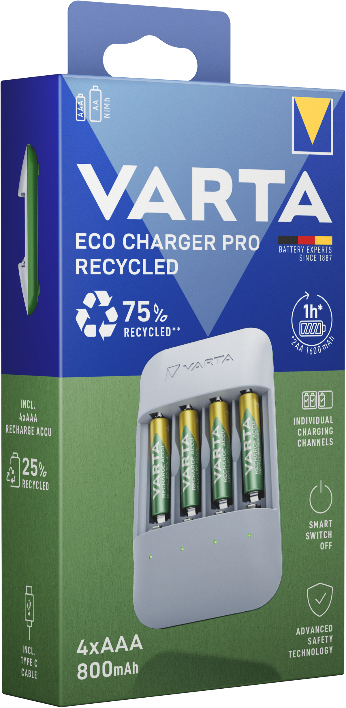 VARTA Eco Charger Pro Recycled USB-C con 4 Batterie Ricaricabili AA / AAA