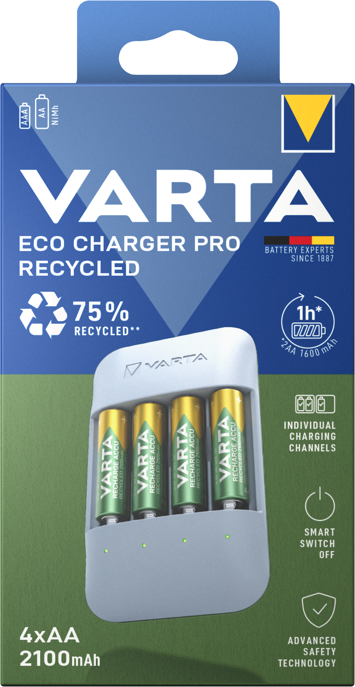 VARTA Eco Charger Pro Recycled USB-C con 4 Batterie Ricaricabili AA / AAA