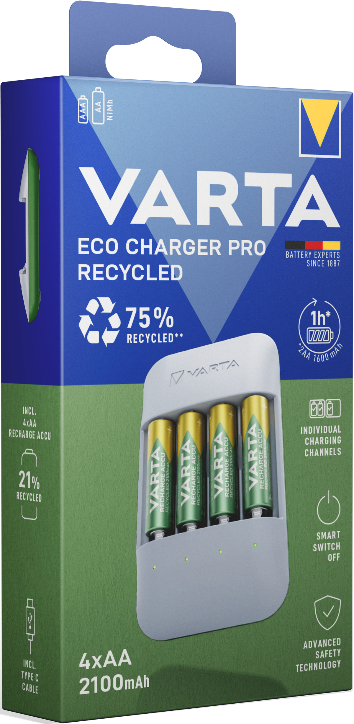 VARTA Eco Charger Pro Recycled USB-C con 4 Batterie Ricaricabili AA / AAA