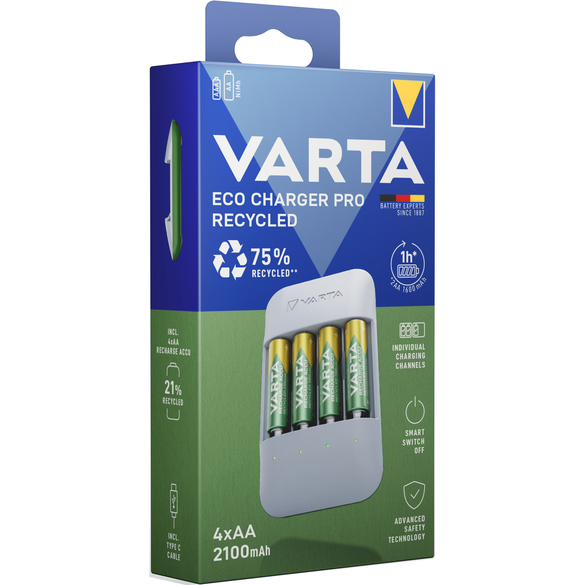 VARTA Eco Charger Pro Recycled USB-C con 4 Batterie Ricaricabili AA / AAA