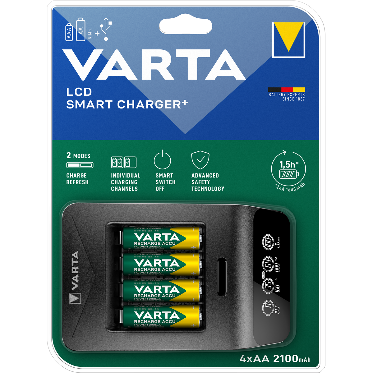 VARTA LCD Smart Charger+ Caricabatterie con 4 AA 2100 mAh