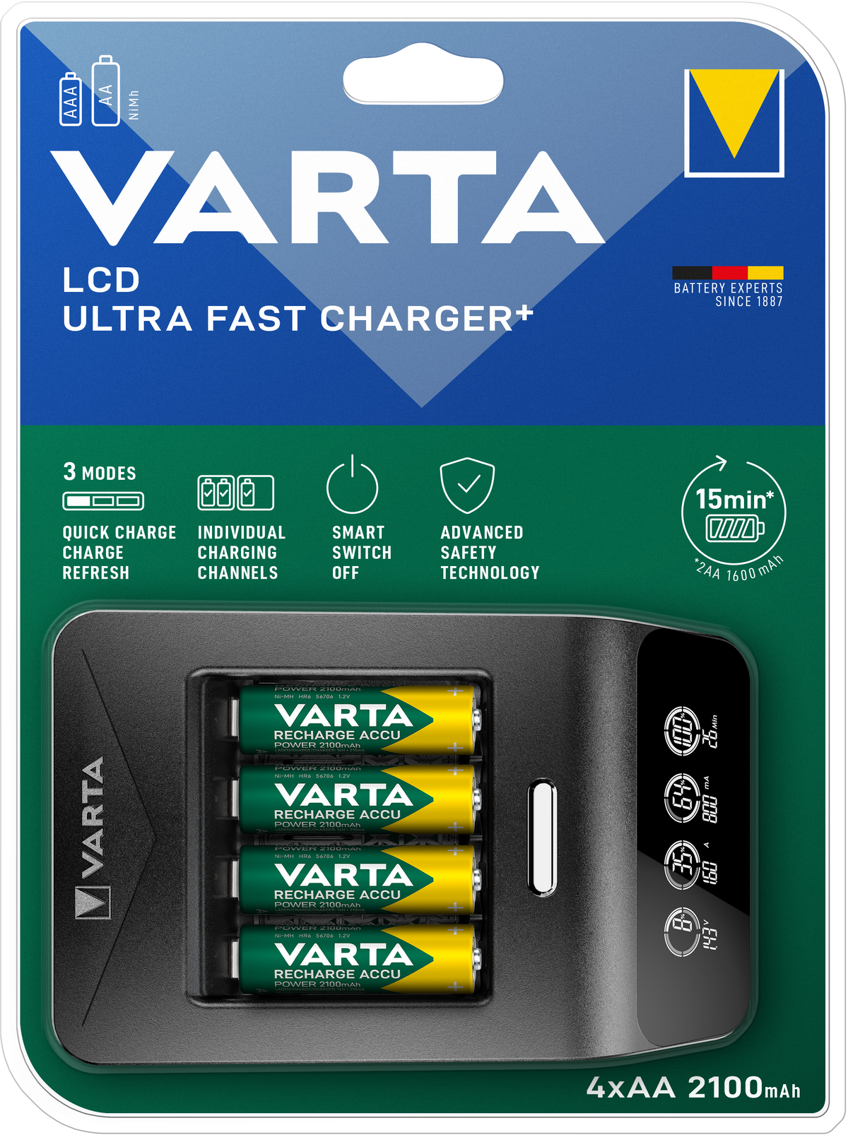 VARTA LCD Ultra Fast Charger+ Caricabatterie Rapido con 4 AA 2100 mAh
