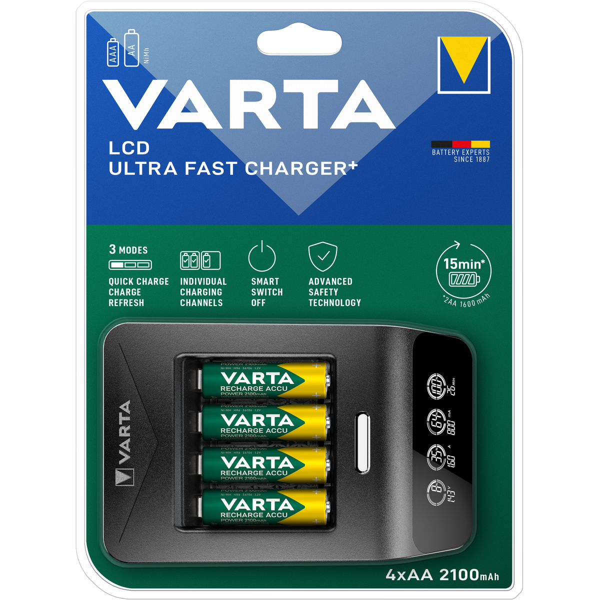 VARTA LCD Ultra Fast Charger+ Caricabatterie Rapido con 4 AA 2100 mAh