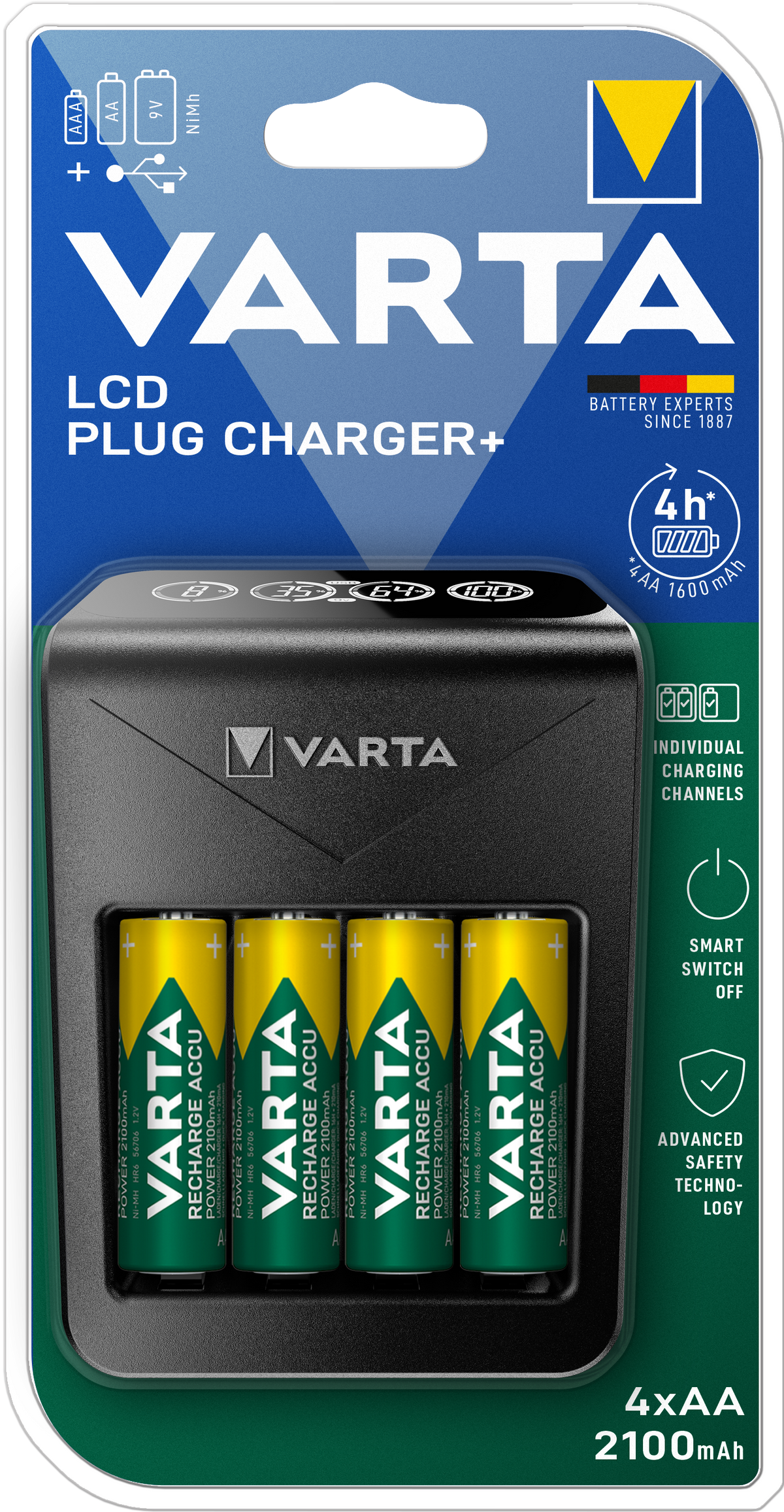 VARTA LCD Plug Charger+ Caricabatterie con 4 Batterie AA 2100 mAh, Display LCD e USB