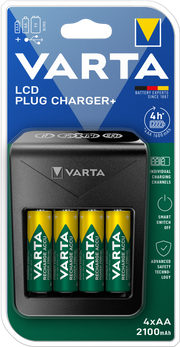 VARTA LCD Plug Charger+ Caricabatterie con 4 Batterie AA 2100 mAh, Display LCD e USB