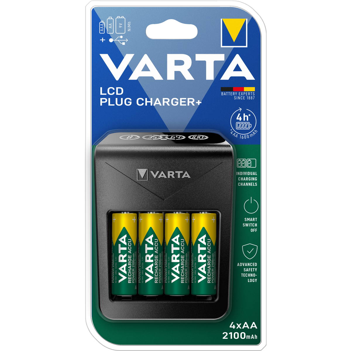 VARTA LCD Plug Charger+ Caricabatterie con 4 Batterie AA 2100 mAh, Display LCD e USB