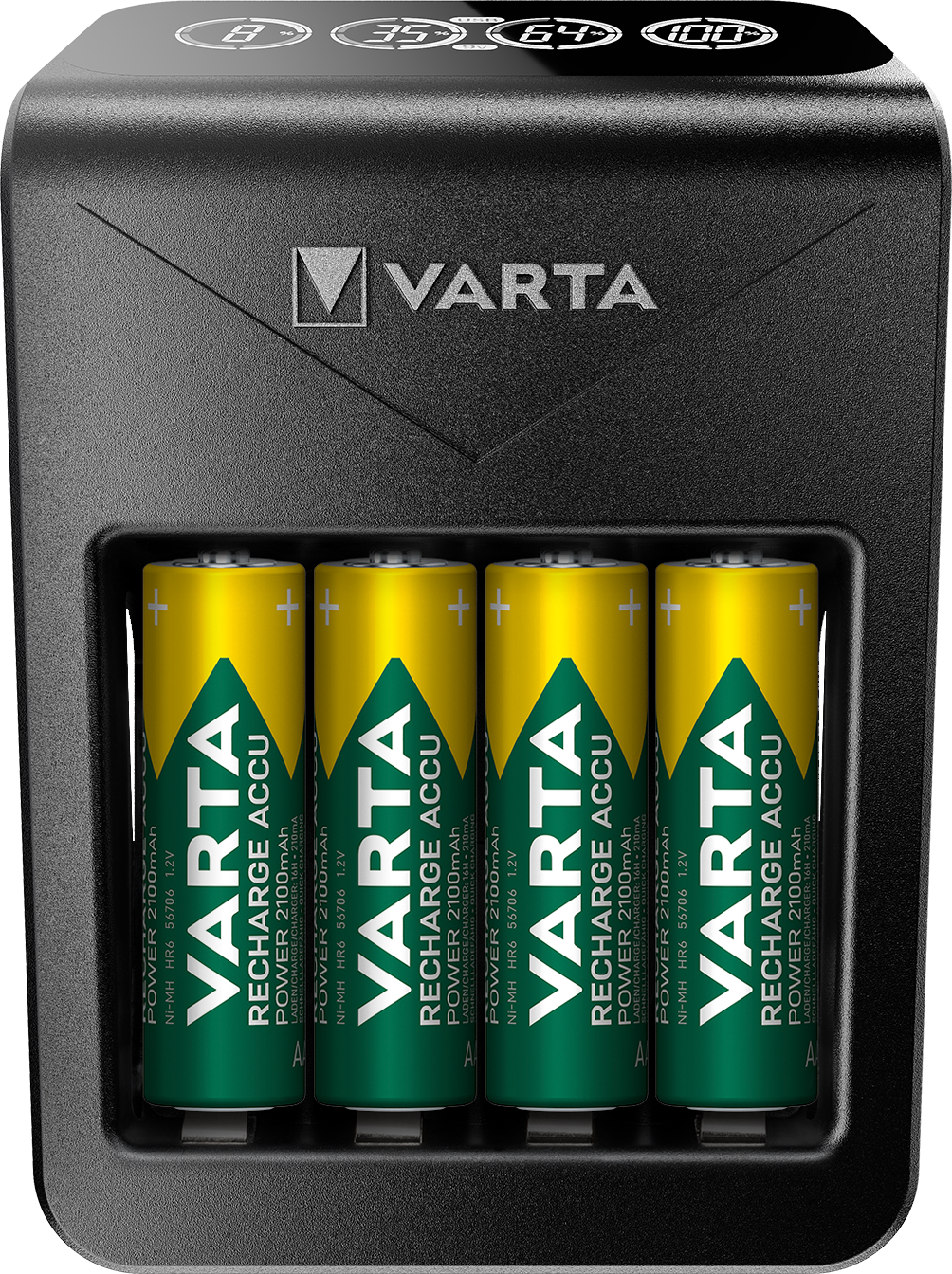 VARTA LCD Plug Charger+ Caricabatterie con 4 Batterie AA 2100 mAh, Display LCD e USB