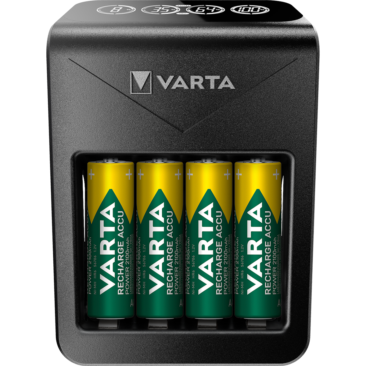 VARTA LCD Plug Charger+ Caricabatterie con 4 Batterie AA 2100 mAh, Display LCD e USB