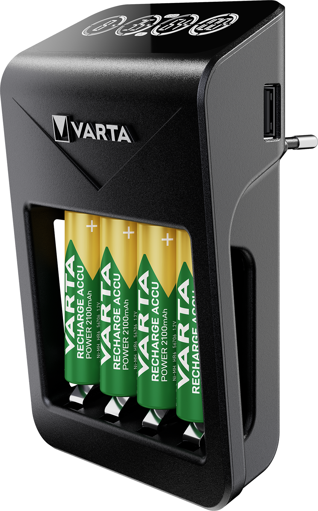 VARTA LCD Plug Charger+ Caricabatterie con 4 Batterie AA 2100 mAh, Display LCD e USB