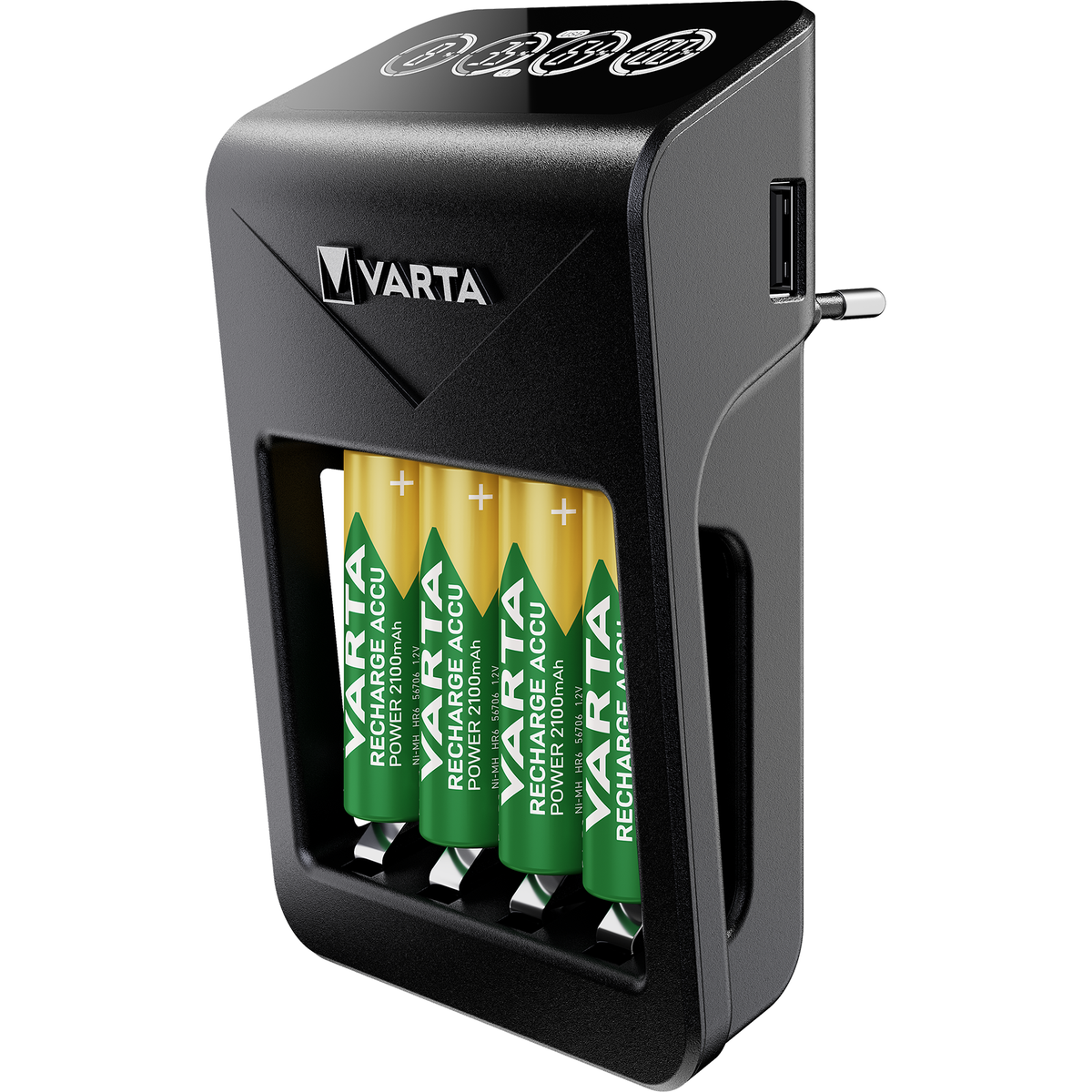 VARTA LCD Plug Charger+ Caricabatterie con 4 Batterie AA 2100 mAh, Display LCD e USB