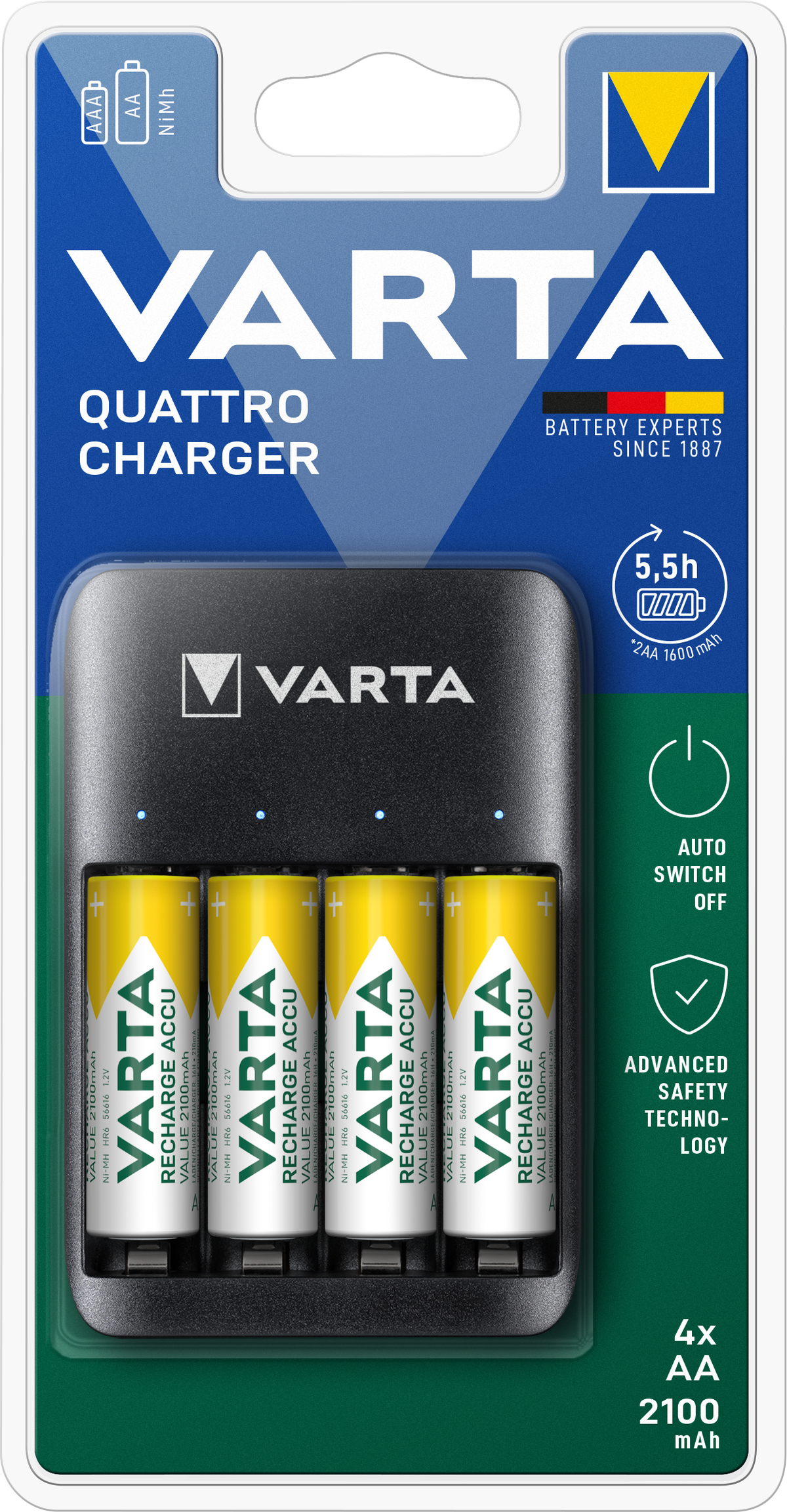 VARTA Value USB Quattro Charger + 4 Batterie AA 2100 mAh NiMH