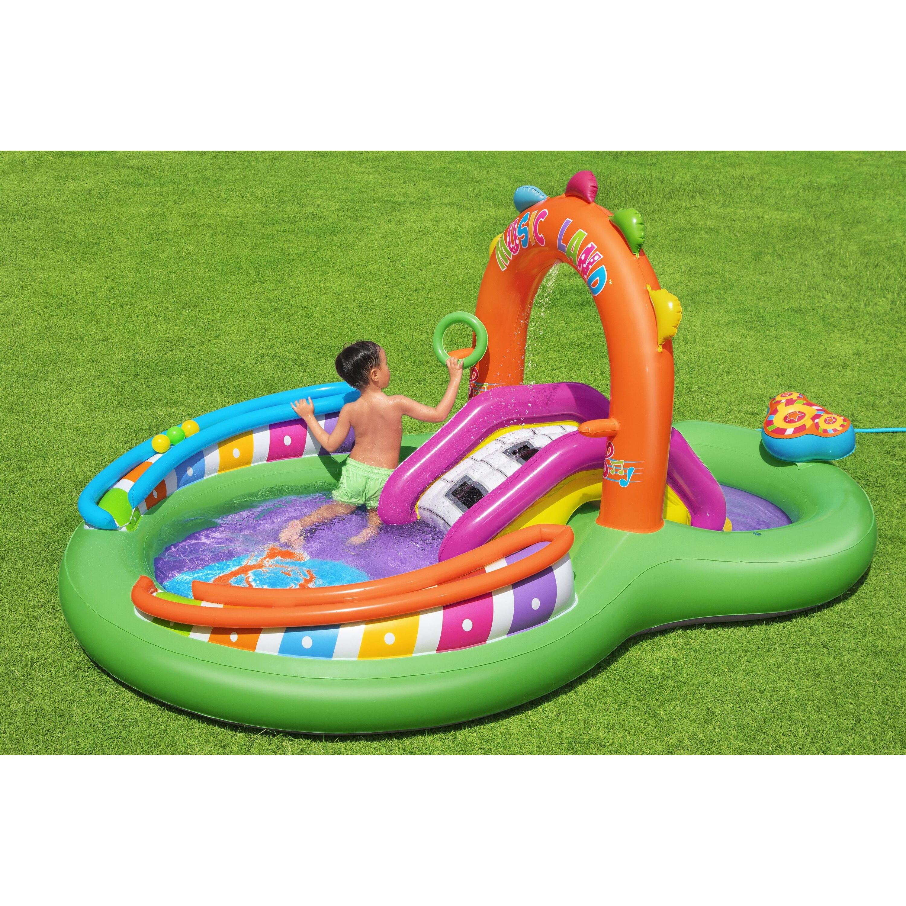 Bestway 53117 Sing 'n Splash Play Center – Parco acquatico gonfiabile con scivolo e giochi musicali