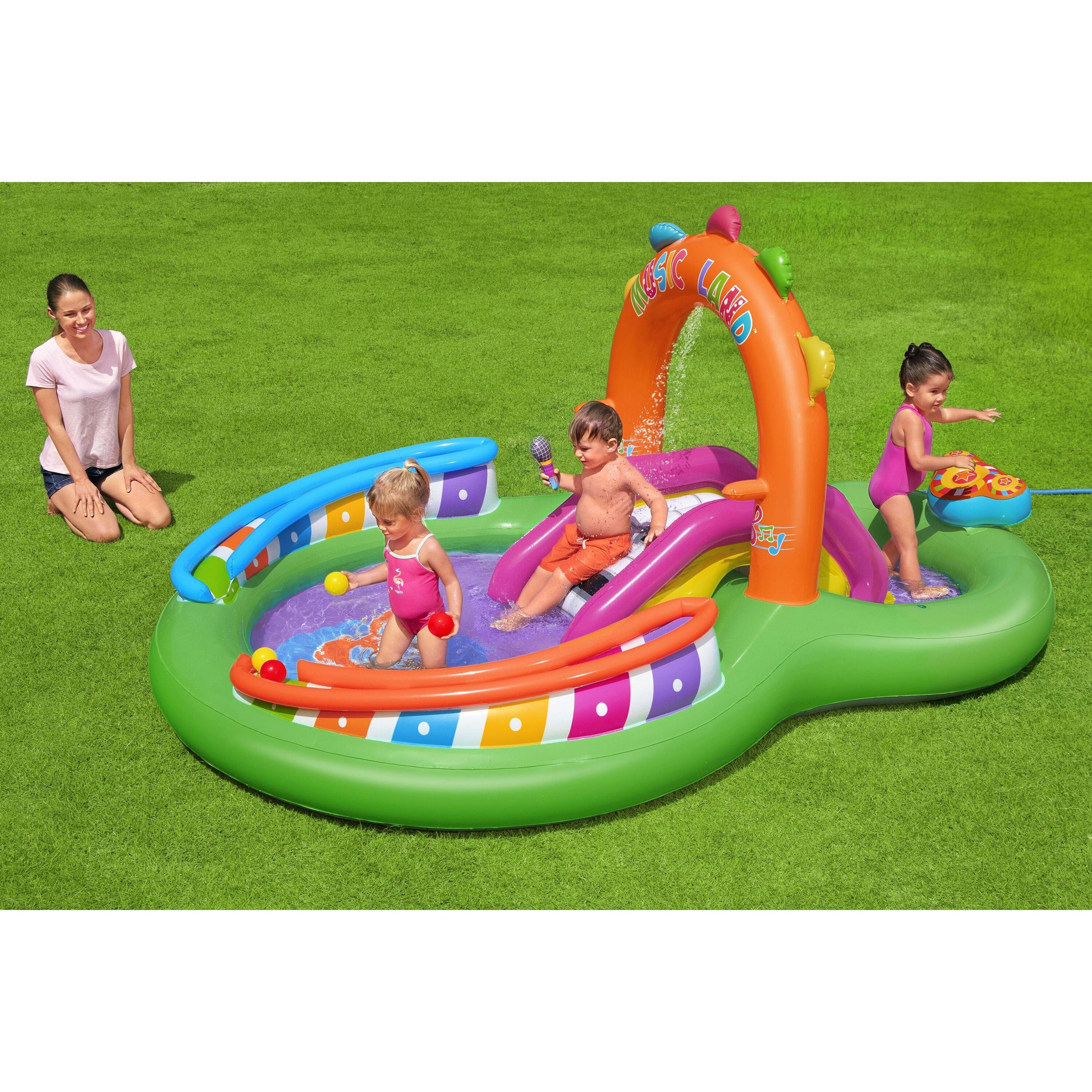 Bestway 53117 Sing 'n Splash Play Center – Parco acquatico gonfiabile con scivolo e giochi musicali