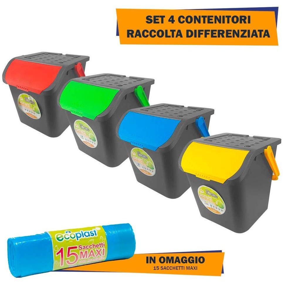 Ecoplast Poker Set Contenitori Raccolta Differenziata da 35 Lt + 15 Sacchetti 70 x 75 cm