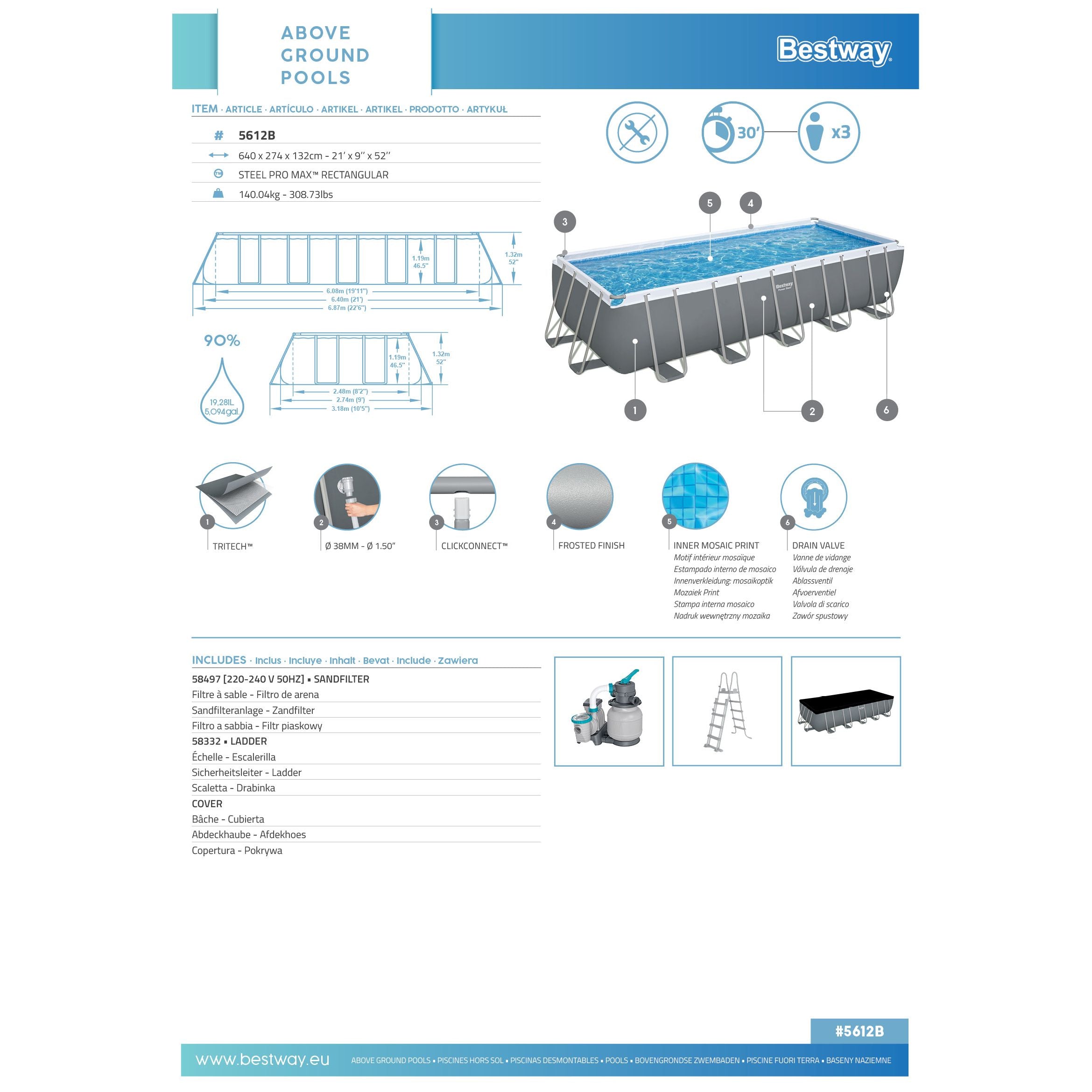 Bestway 5612B Piscina Fuori Terra Power Steel DIM. 640 X 274 X 132 Cm