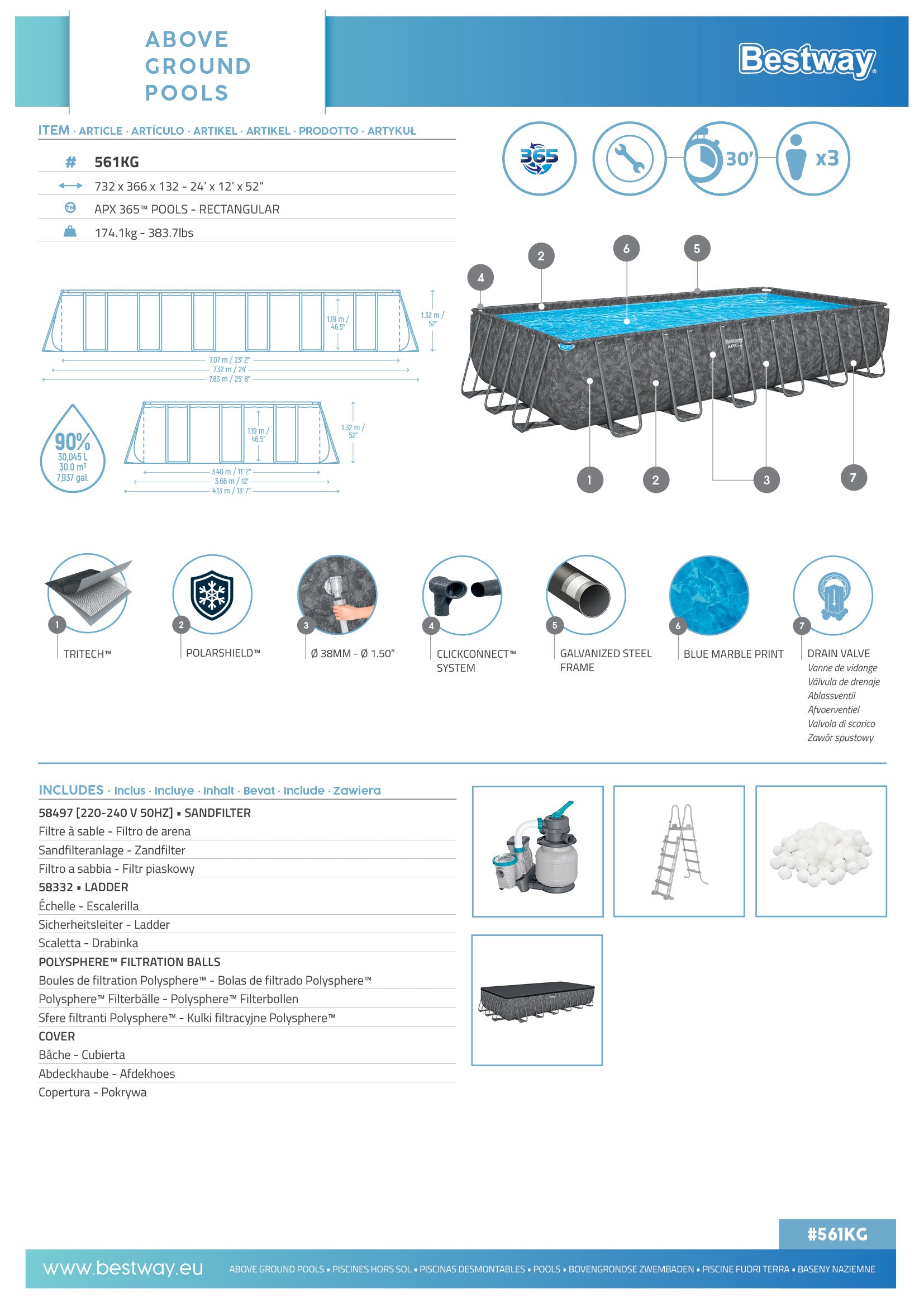 Bestway 561KG Set piscina fuori terra APX 365 da 732x366x132 cm
