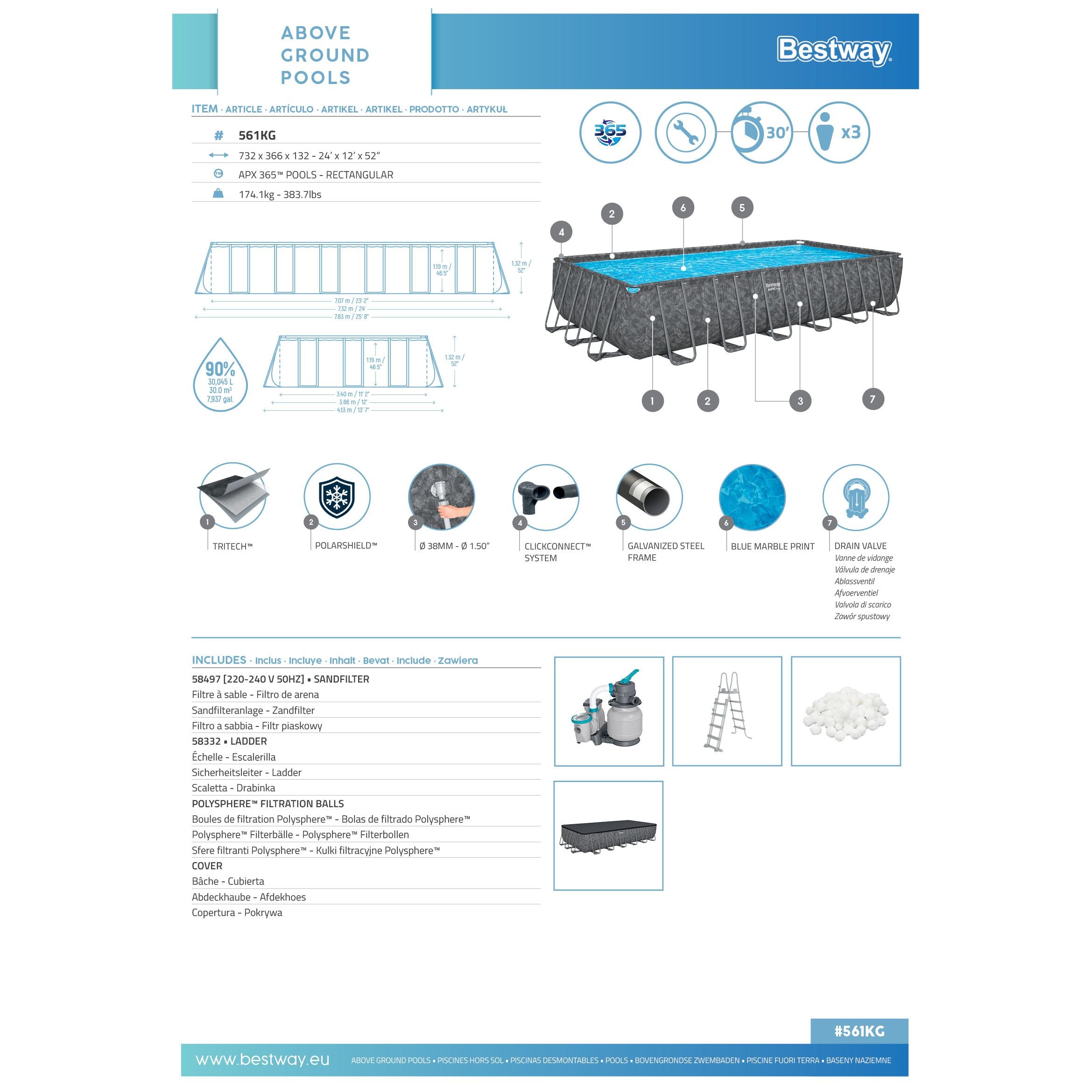 Bestway 561KG Set piscina fuori terra APX 365 da 732x366x132 cm