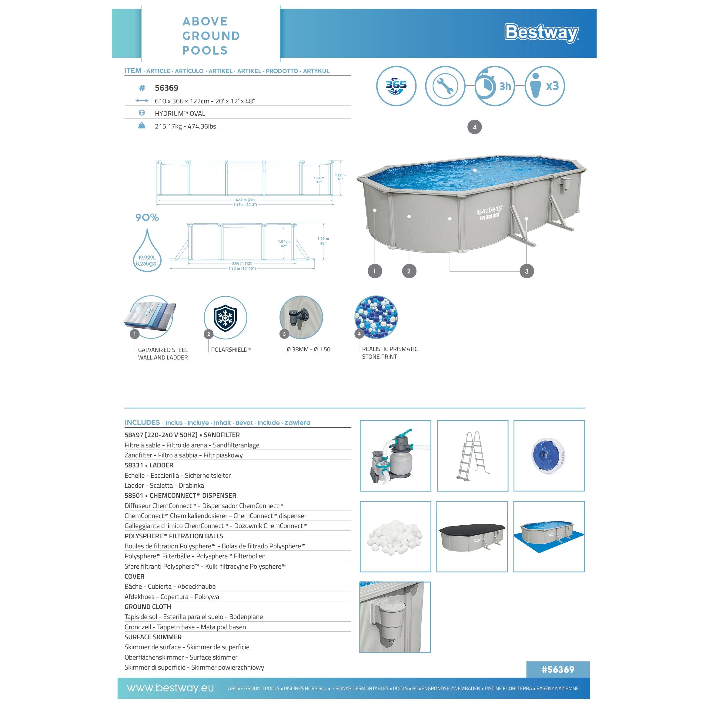 Bestway Hydrium 610x366x122 cm – Piscina fuori terra ovale in acciaio