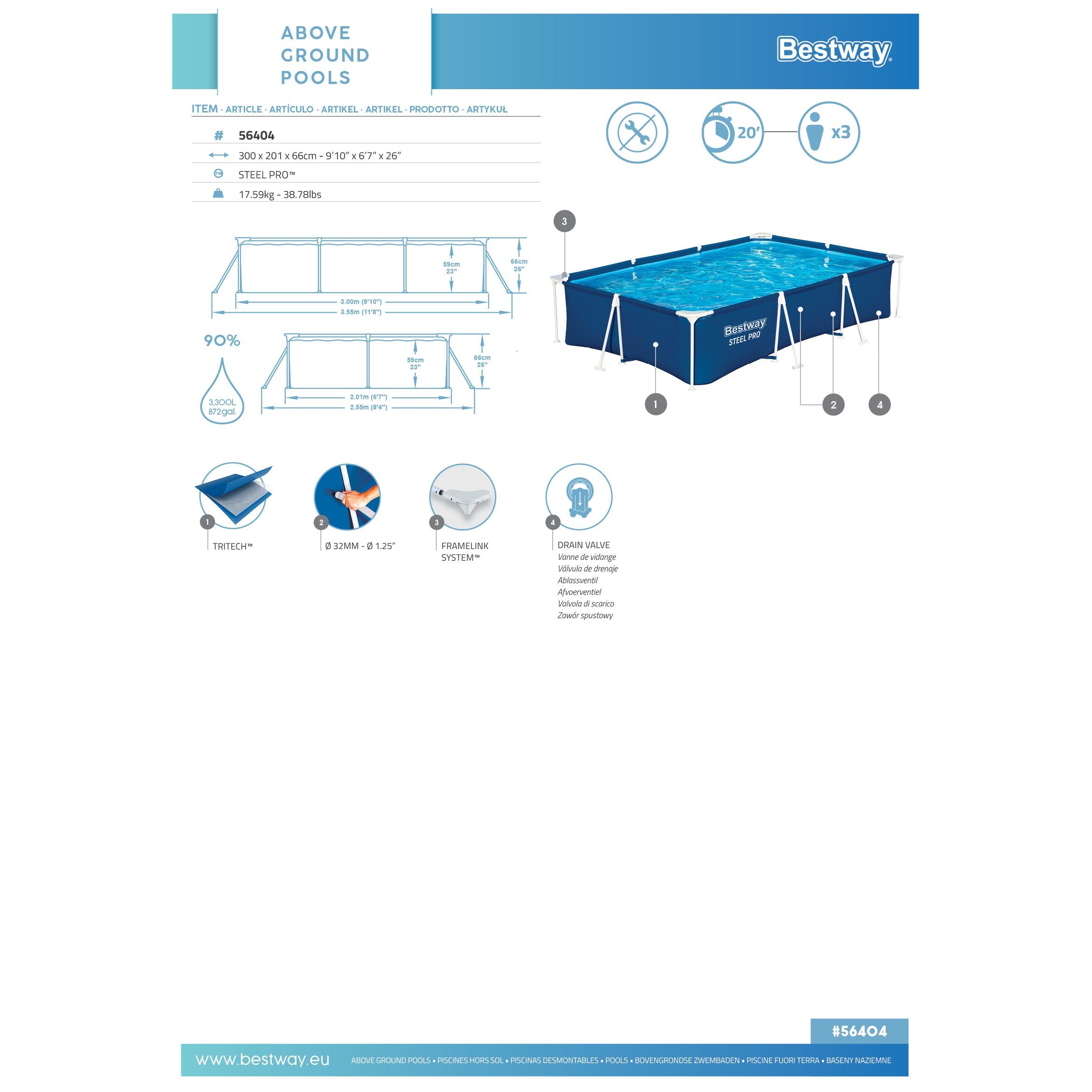 Bestway 56404 Piscina Steel Pro Rettangolare 300 x 201 x 66 cm