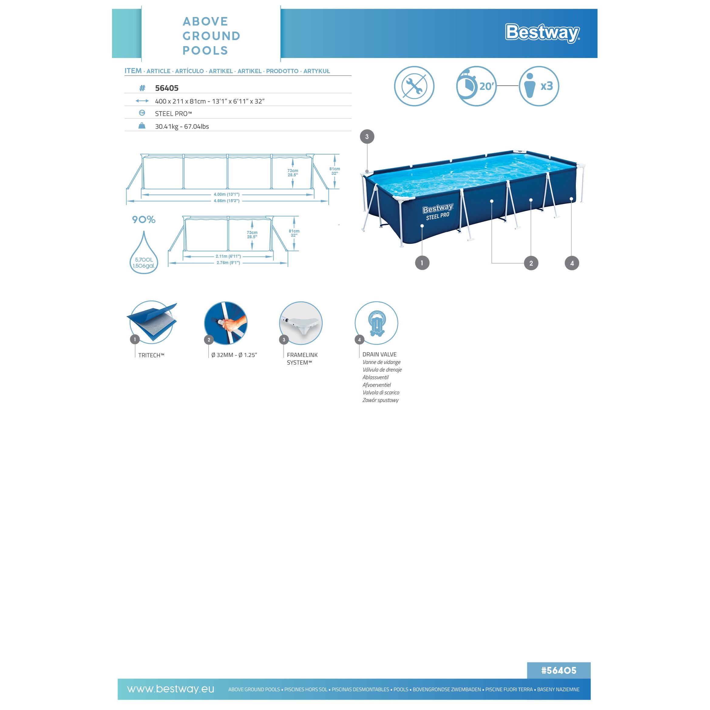 Bestway 56405 Piscina Fuori Terra Steel Pro 400 x 211 x 81 cm Cap. 5.700 Lt. Predisposta Per Pompa Filtro