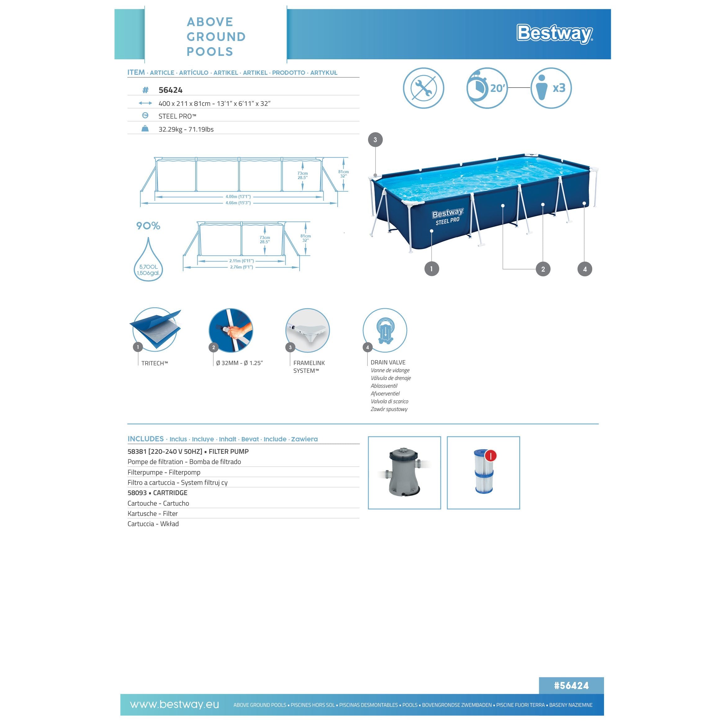Bestway 56424 Piscina Fuori Terra Steel Pro Rettangolare 400x211x81 Cm