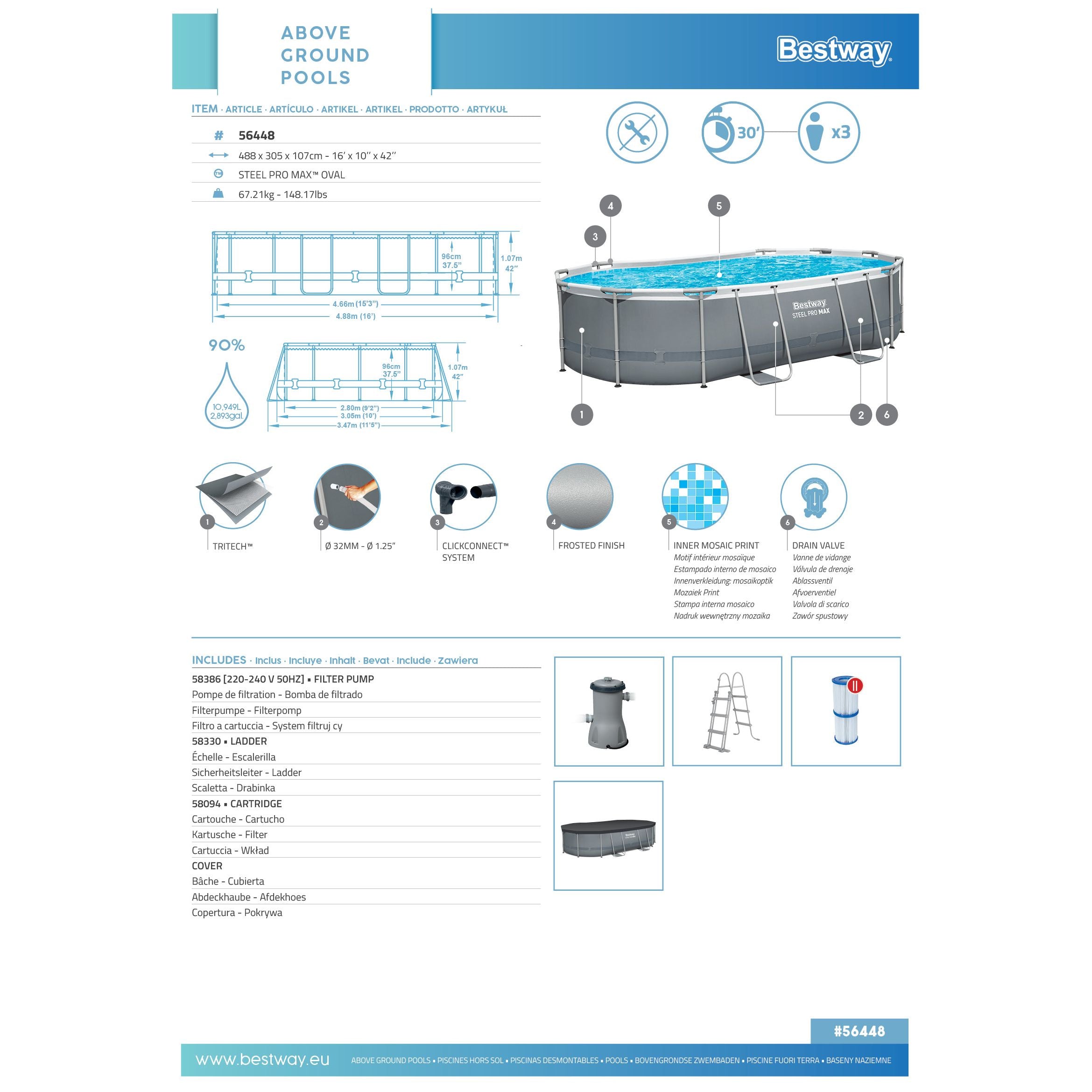 Bestway 56448 Piscina Ovale Power Steel 488x305x107 cm