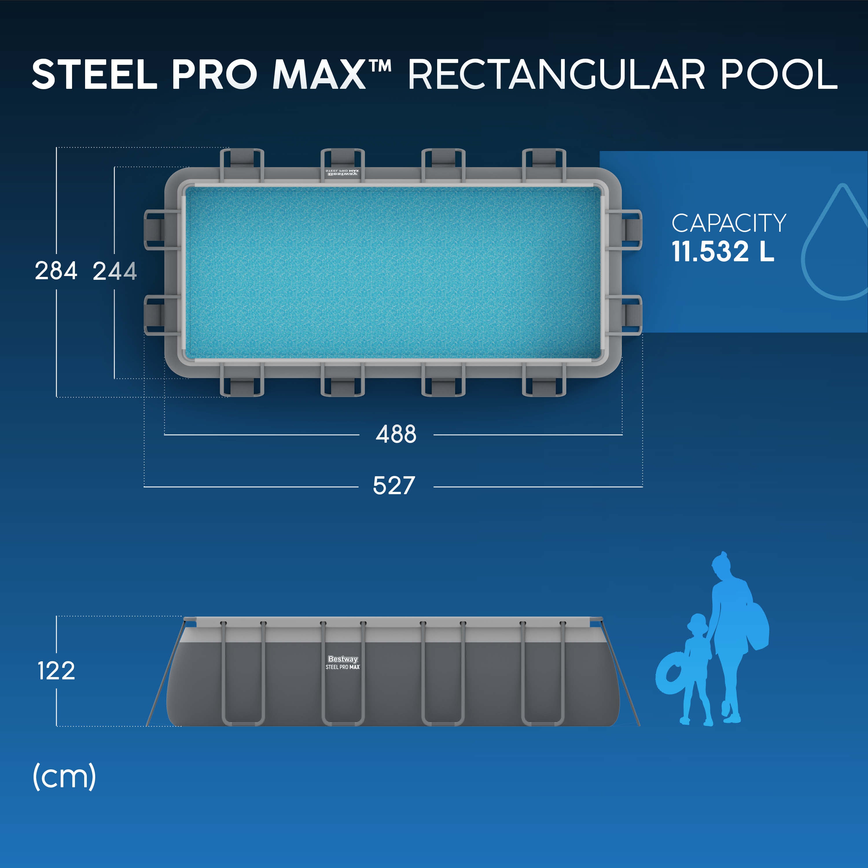 Bestway 56670 Set Piscina Fuori Terra Power Steel da 4.88mx2.44mx1.22m Cap. 11,532 Lt. Pompa Filtro Da 3.028 Lt/H