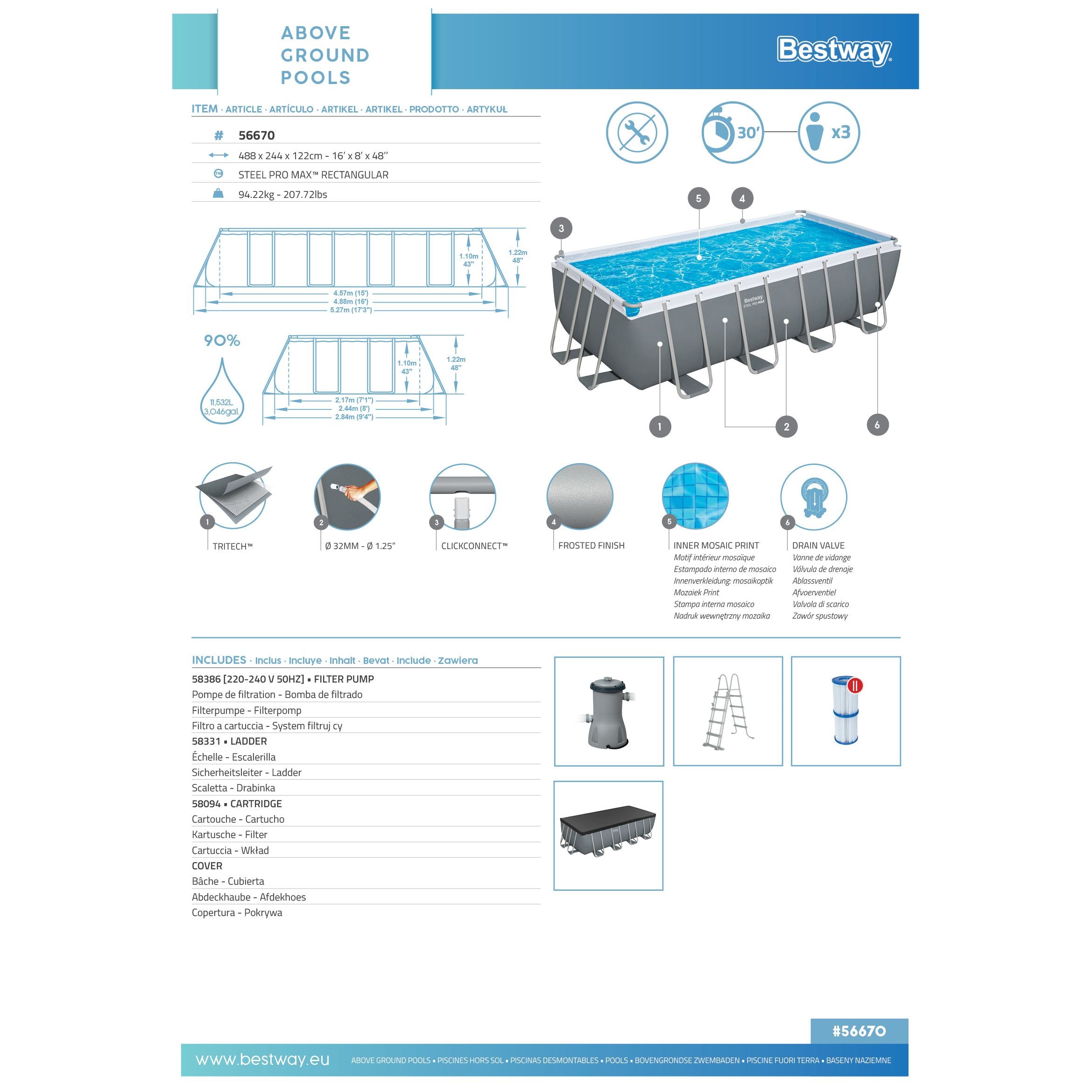 Bestway 56670 Set Piscina Fuori Terra Power Steel da 4.88mx2.44mx1.22m Cap. 11,532 Lt. Pompa Filtro Da 3.028 Lt/H