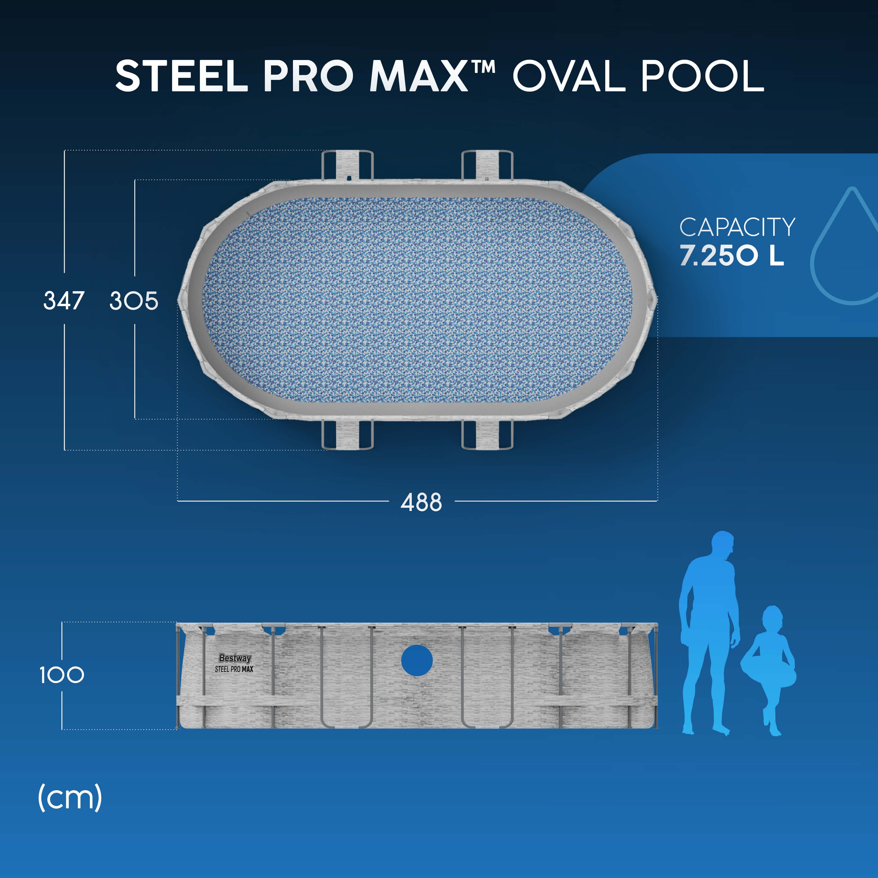 Bestway 56714 Piscina Power Steel Swim Vista Ovale Con Oblò, 4,27mx2,50mx1,00m Colore Pietra Grigia
