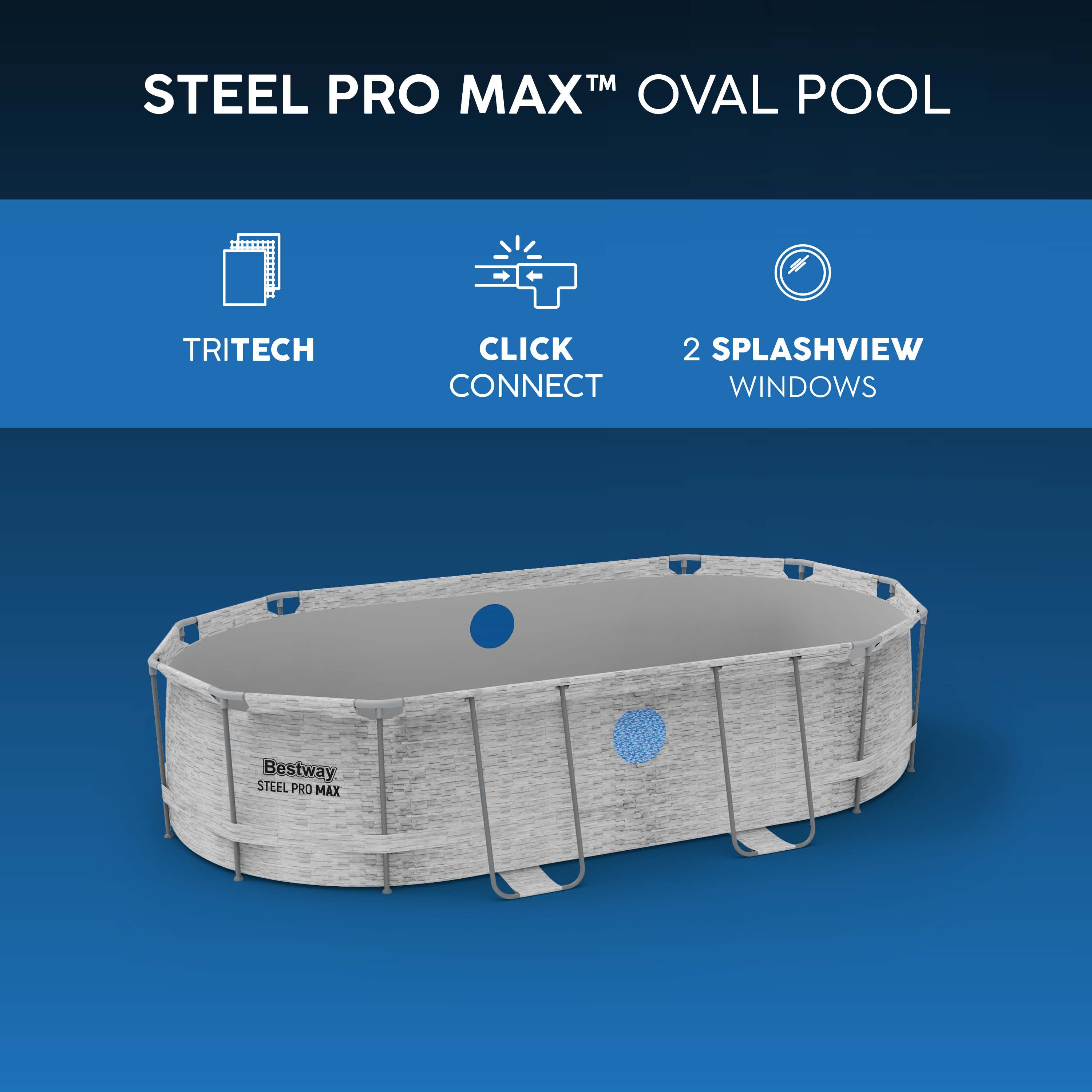 Bestway 56714 Piscina Power Steel Swim Vista Ovale Con Oblò, 4,27mx2,50mx1,00m Colore Pietra Grigia