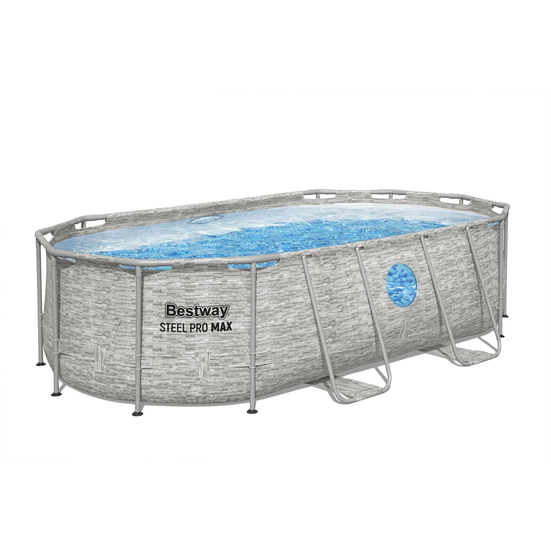 Bestway 56714 Piscina Power Steel Swim Vista Ovale Con Oblò, 4,27mx2,50mx1,00m Colore Pietra Grigia