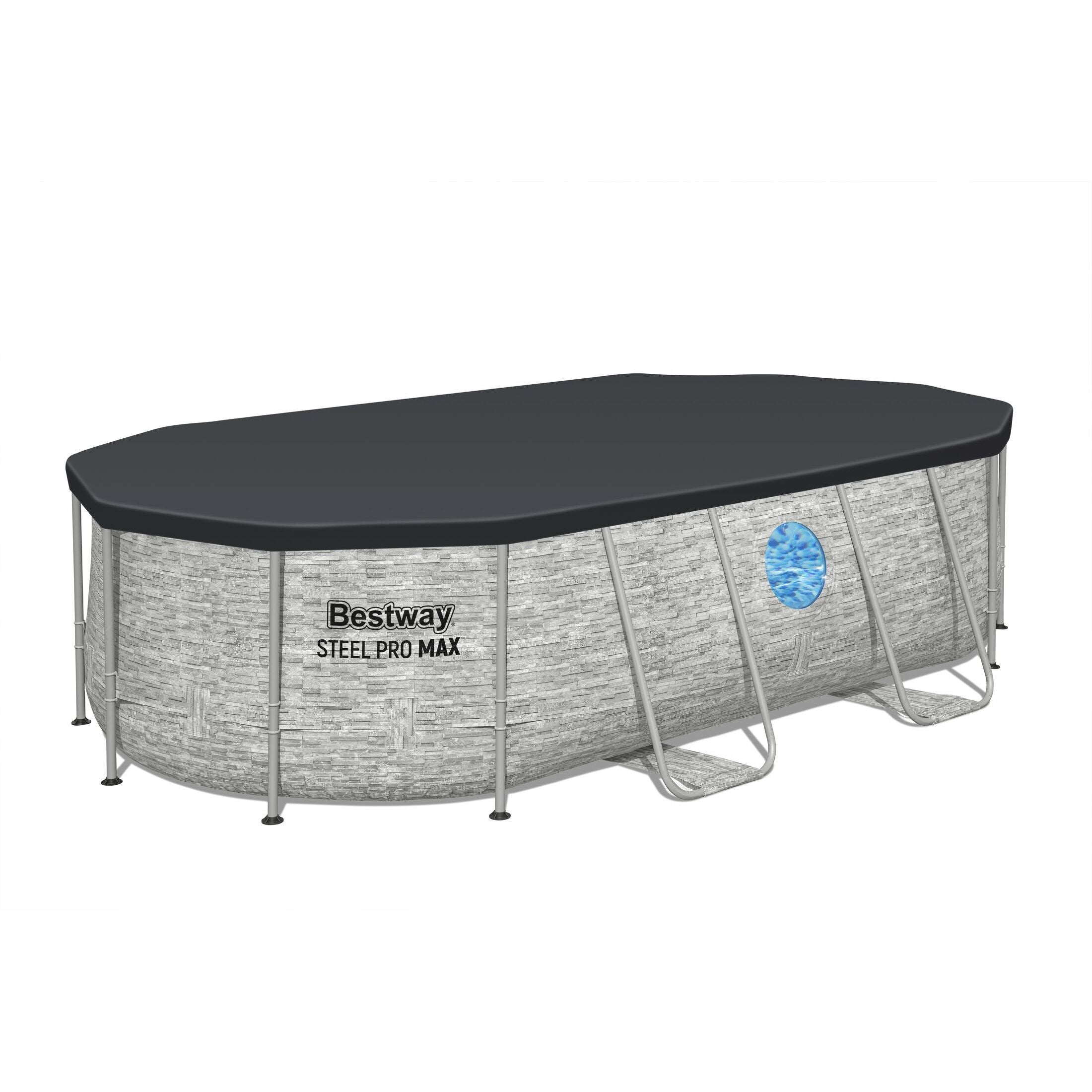 Bestway 56714 Piscina Power Steel Swim Vista Ovale Con Oblò, 4,27mx2,50mx1,00m Colore Pietra Grigia