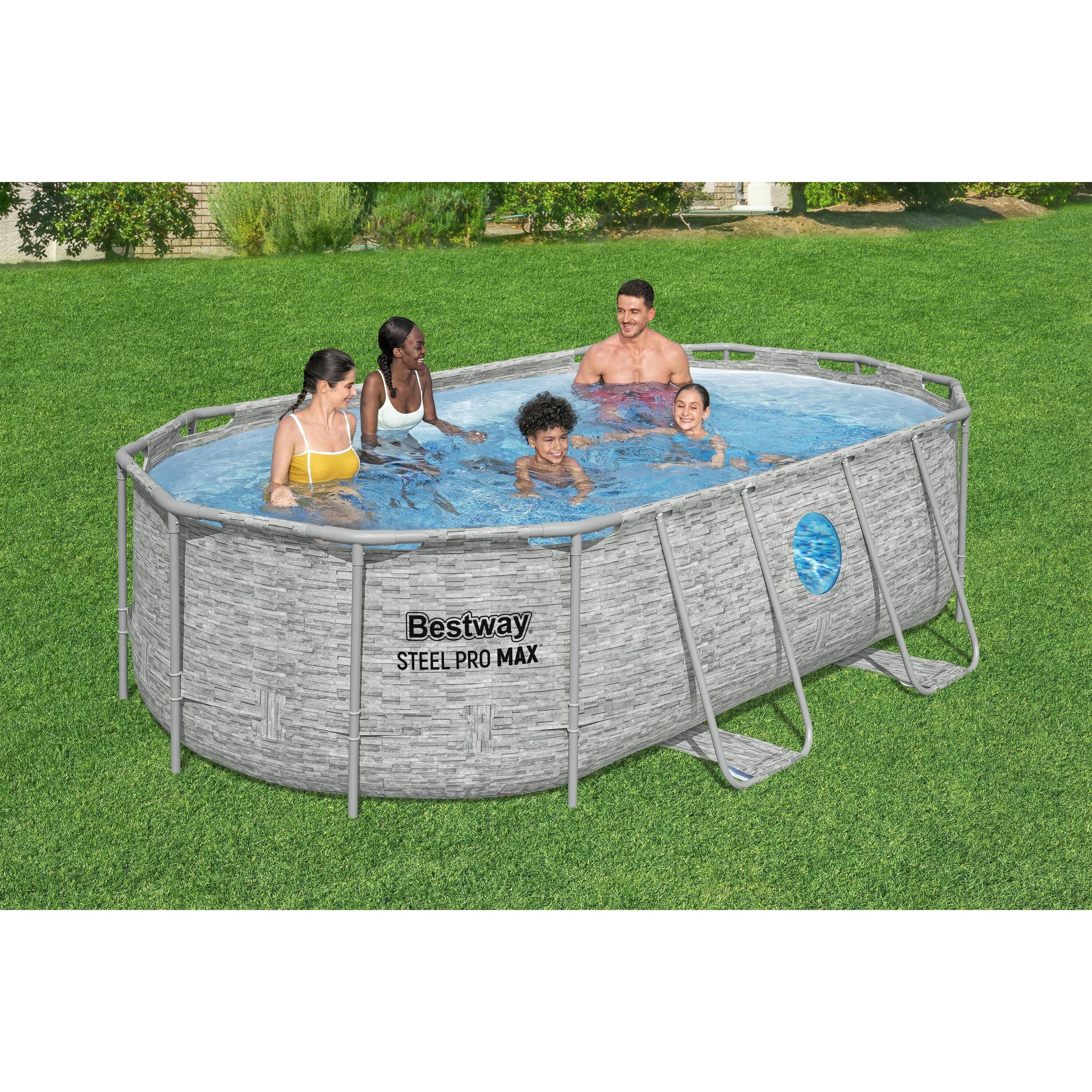 Bestway 56714 Piscina Power Steel Swim Vista Ovale Con Oblò, 4,27mx2,50mx1,00m Colore Pietra Grigia