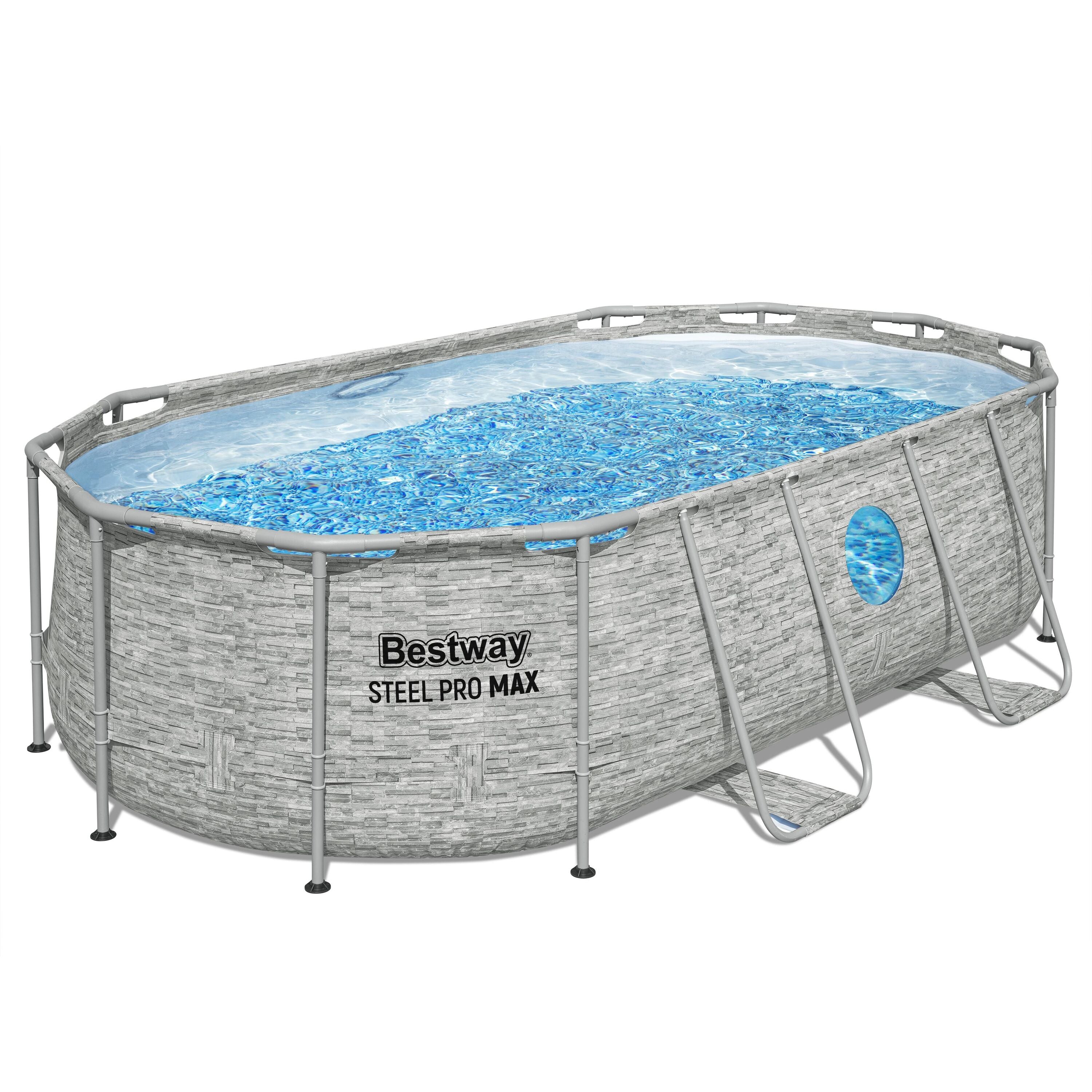 Bestway 56714 Piscina Power Steel Swim Vista Ovale Con Oblò, 4,27mx2,50mx1,00m Colore Pietra Grigia