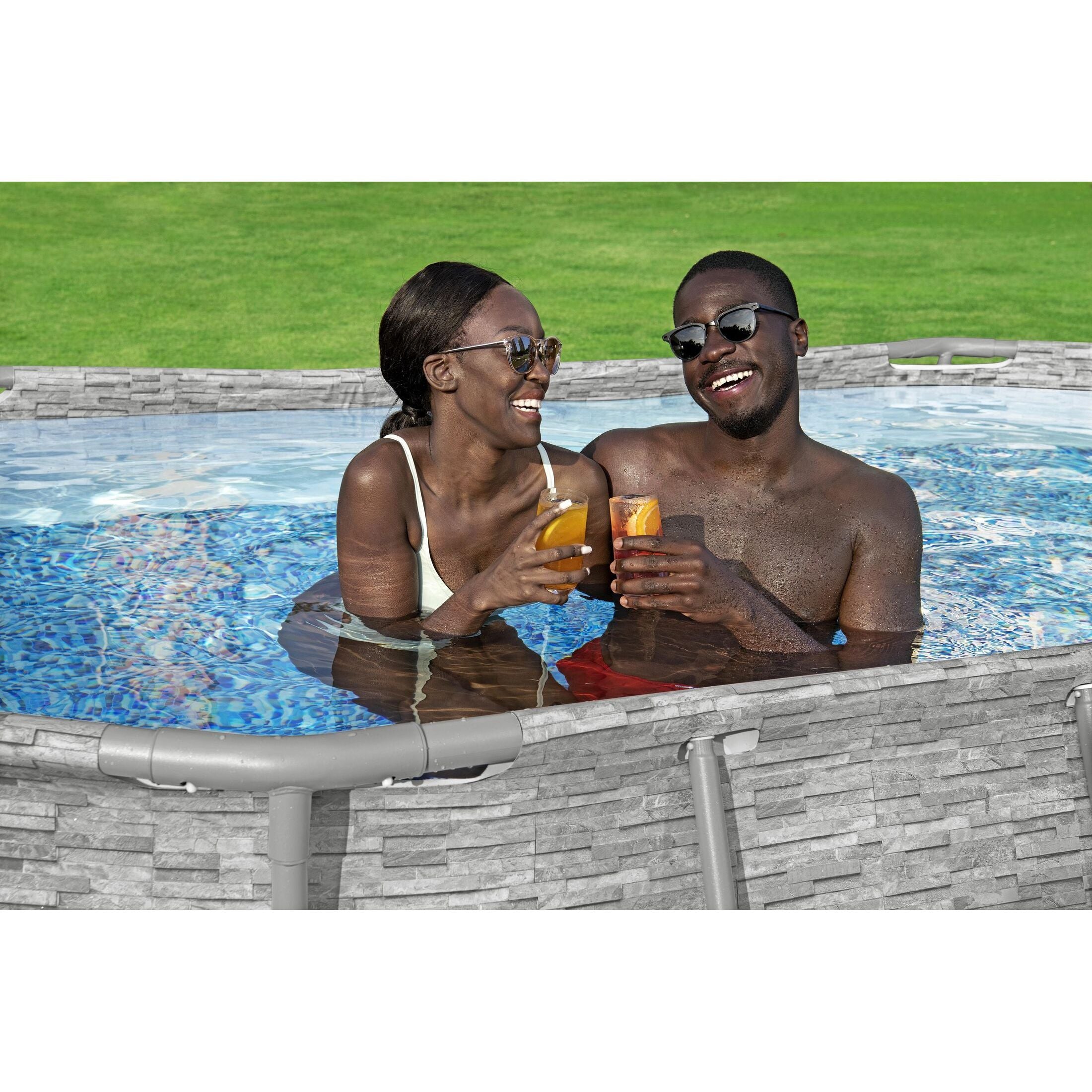 Bestway 56714 Piscina Power Steel Swim Vista Ovale Con Oblò, 4,27mx2,50mx1,00m Colore Pietra Grigia